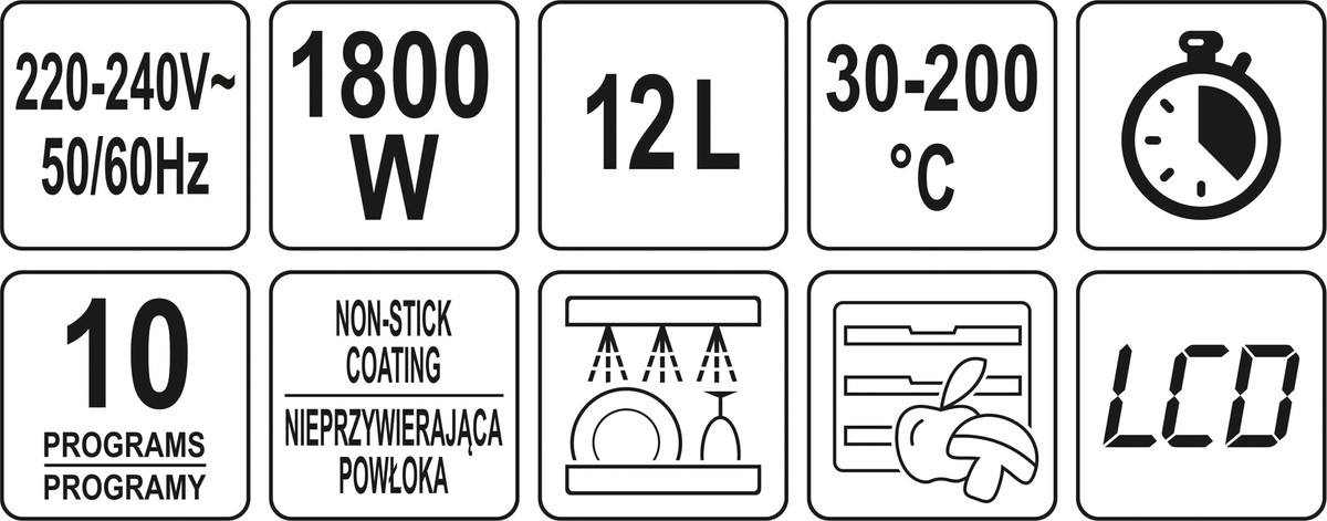 FRYTKOWNICA BEZTŁUSZCZOWA 2w1 PIEKARNIK 12l 1800W TIMER 10 PROGRAMÓW LCD