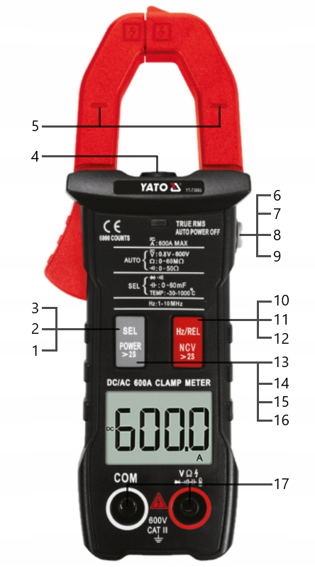 YATO MIERNIK CYFROWY CĘGOWY MULTIMETR LCD TRU RMS Z AUTOMAT. ZAKRESEM 600A