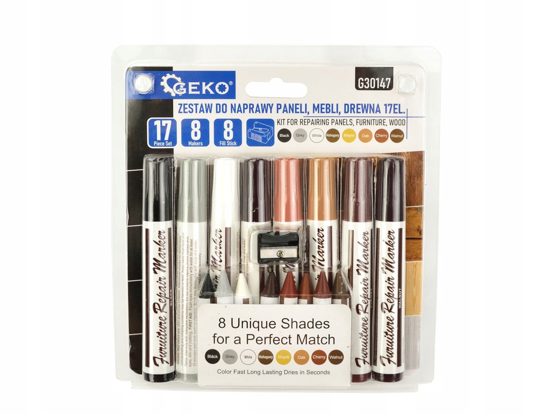 GEKO ZESTAW DO NAPRAWY PANELI, MEBLI, DREWNA, SKÓRY 17 ELEMENTÓW G30147