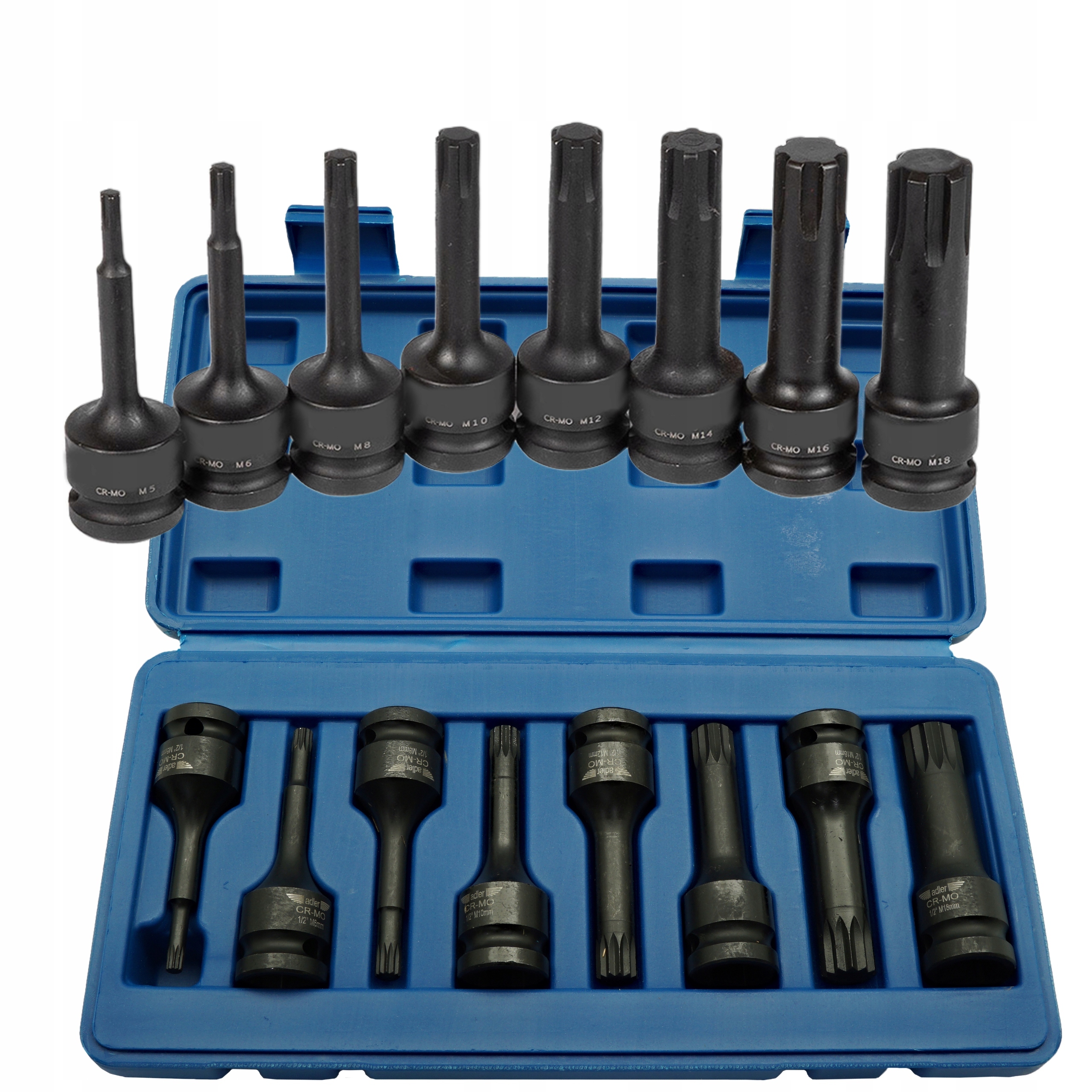 ADLER ZESTAW NASADKI UDAROWE KLUCZE TRZPIENIOWE SPLINE M5-M18 1/2'' 8 SZT
