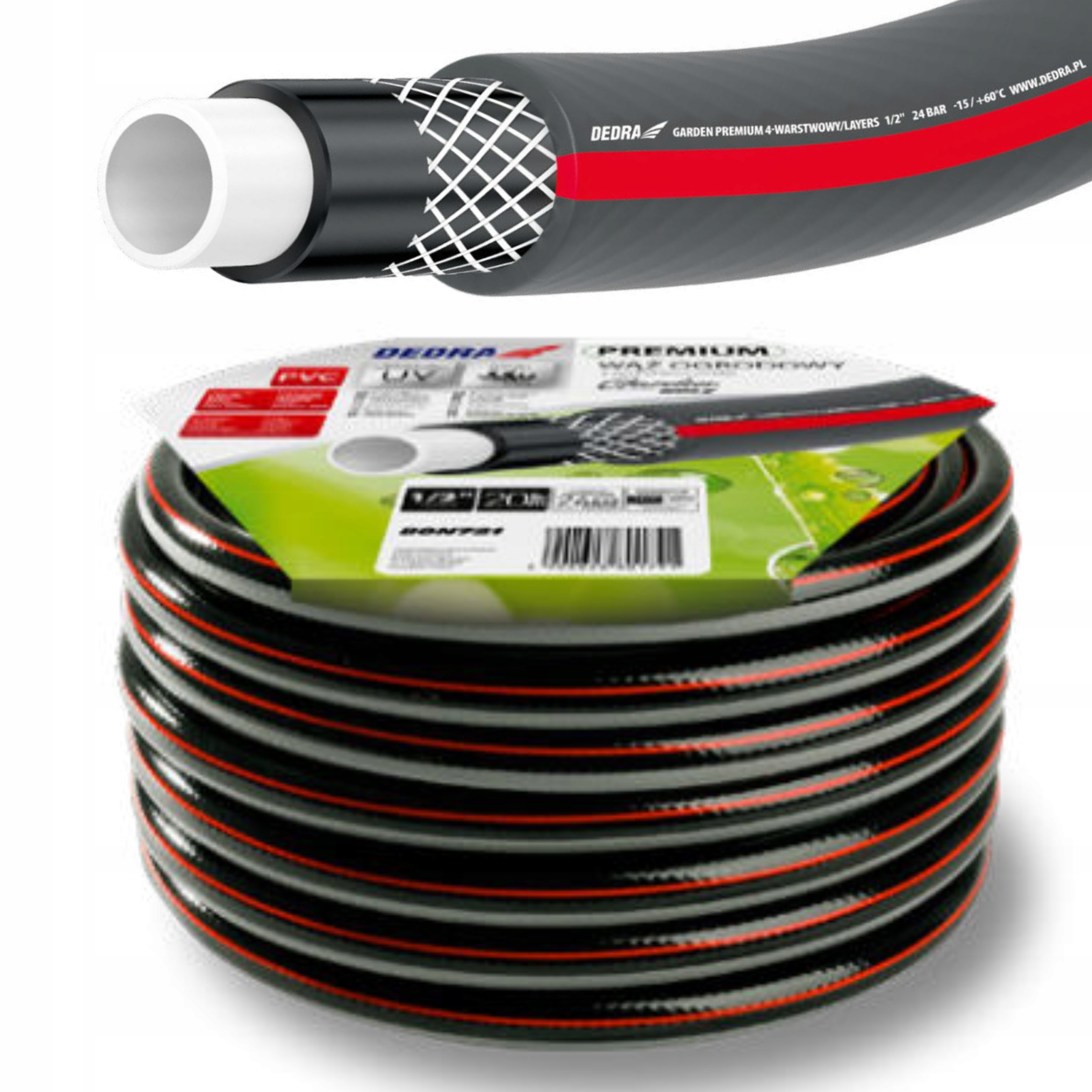 WĄŻ OGRODOWY PREMIUM 24BAR DEDRA 4-WARSTW 1/2" 50M