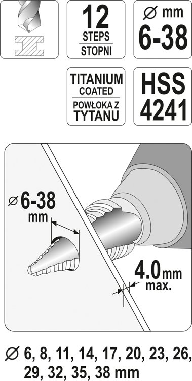 YATO WIERTŁO WIELOSTOPNIOWE HSS STOŻKOWE 6 - 38 MM AZOTEK TYTANU YT-44740