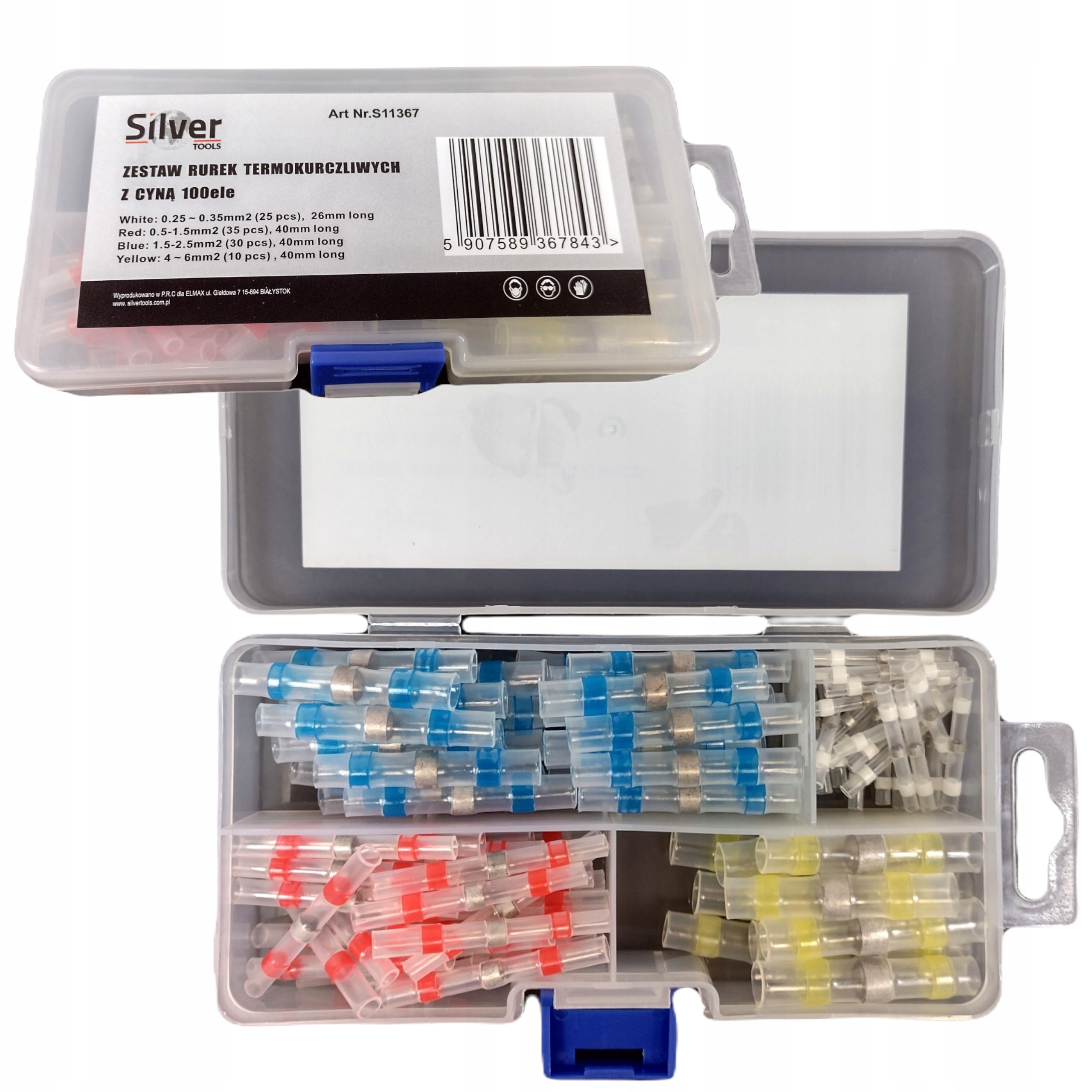 SILVER ZESTAW RURKI KOSZULKI TERMOKURCZLIWE 100SZT Z CYNĄ ORGANIZER S11367