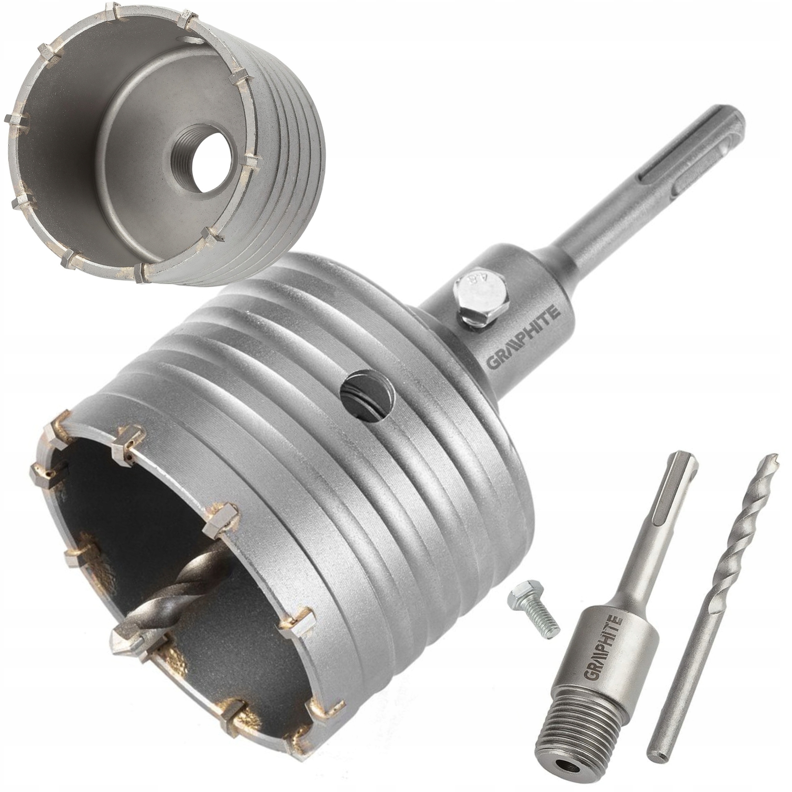 GRAPHITE OTWORNICA WIDIOWA 80MM Z ADAPTEREM SDS+ ORAZ WIERTŁEM PILOTUJĄCYM