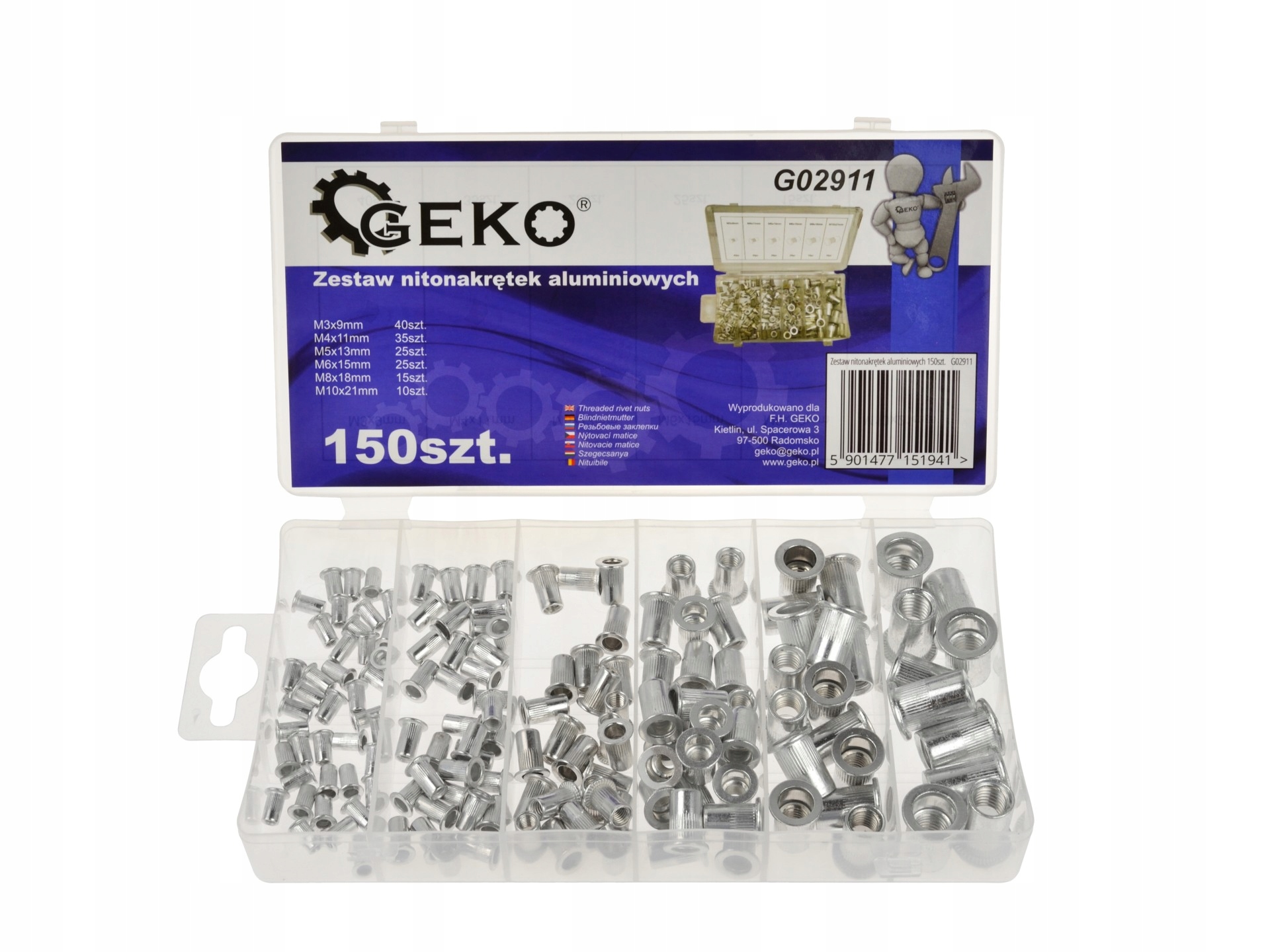 GEKO G02911 NITONAKRĘTKI ALUMINIOWE ZESTAW NITONAKRĘTEK M3 - M10 150szt