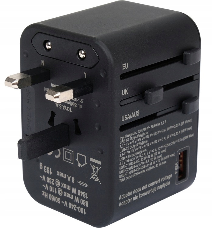 YATO ADAPTER ZASILACZ PODRÓŻNY DO PONAD 150 KRAJÓW USB-C PD 65W YT-81303
