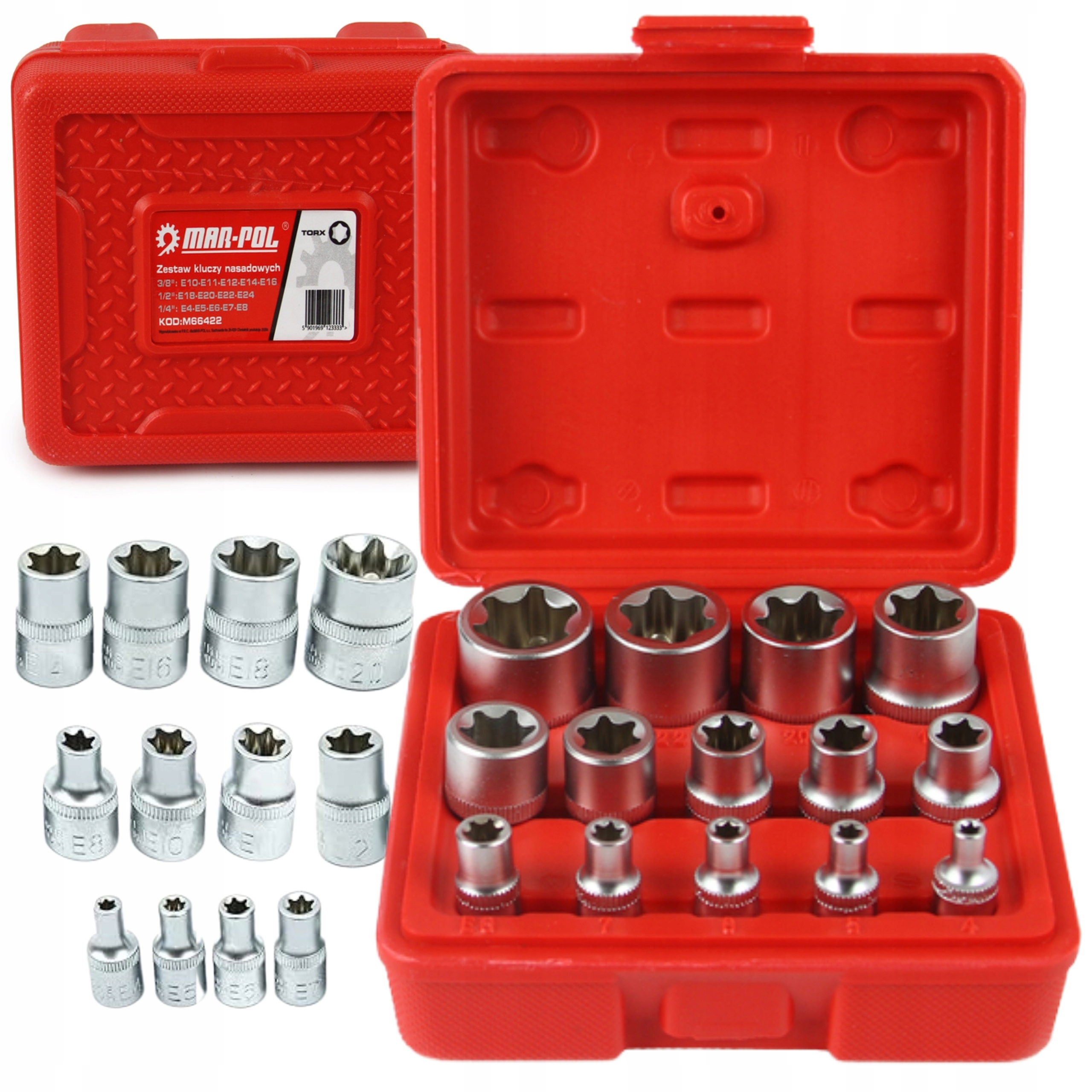 MAR-POL ZESTAW KLUCZY NASADOWYCH TORX E4 - E24 / 1/2"+ 3/8" + 1/4" M66422