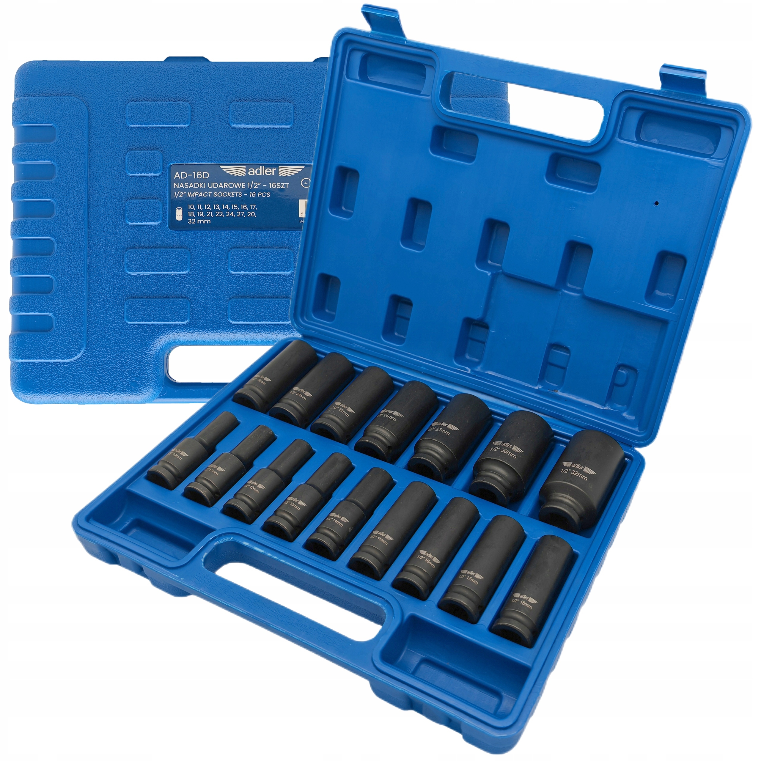 ZESTAW 16el. NASADKI UDAROWE KLUCZE NASADOWE 1/2" 10-32mm WALIZKA ADLER