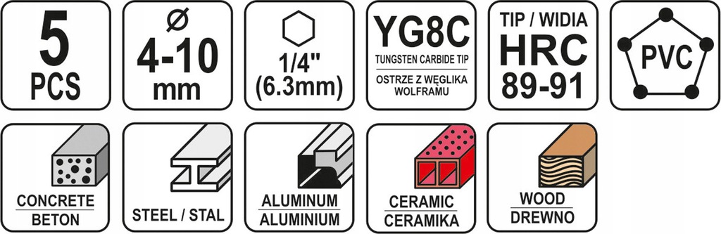 WIERTŁA UNIWERSALNE HEX 4-10mm 5 SZT YATO YT-44789