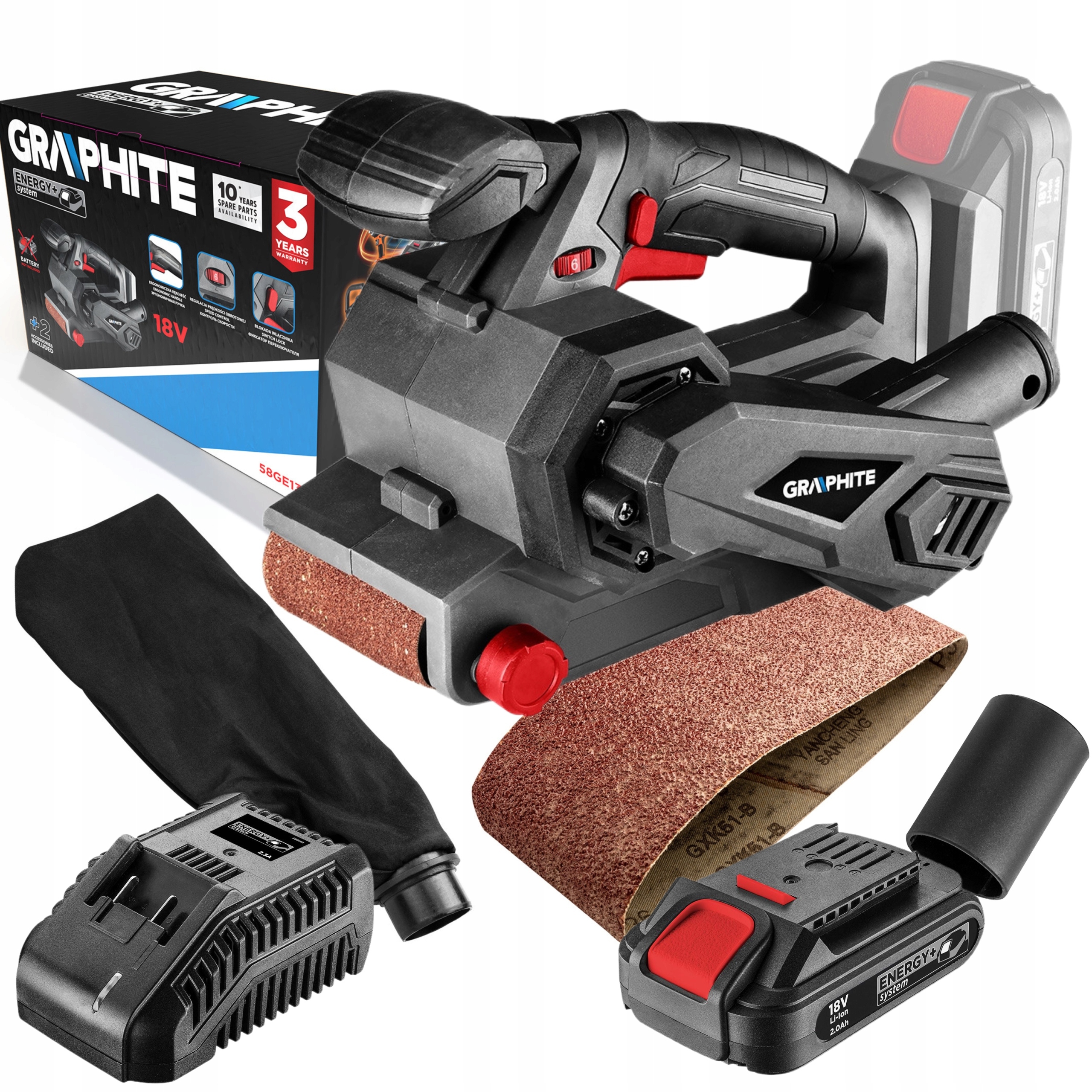 GRAPHITE SZLIFIERKA TAŚMOWA AKU ENERGY+ 18V + 2Ah