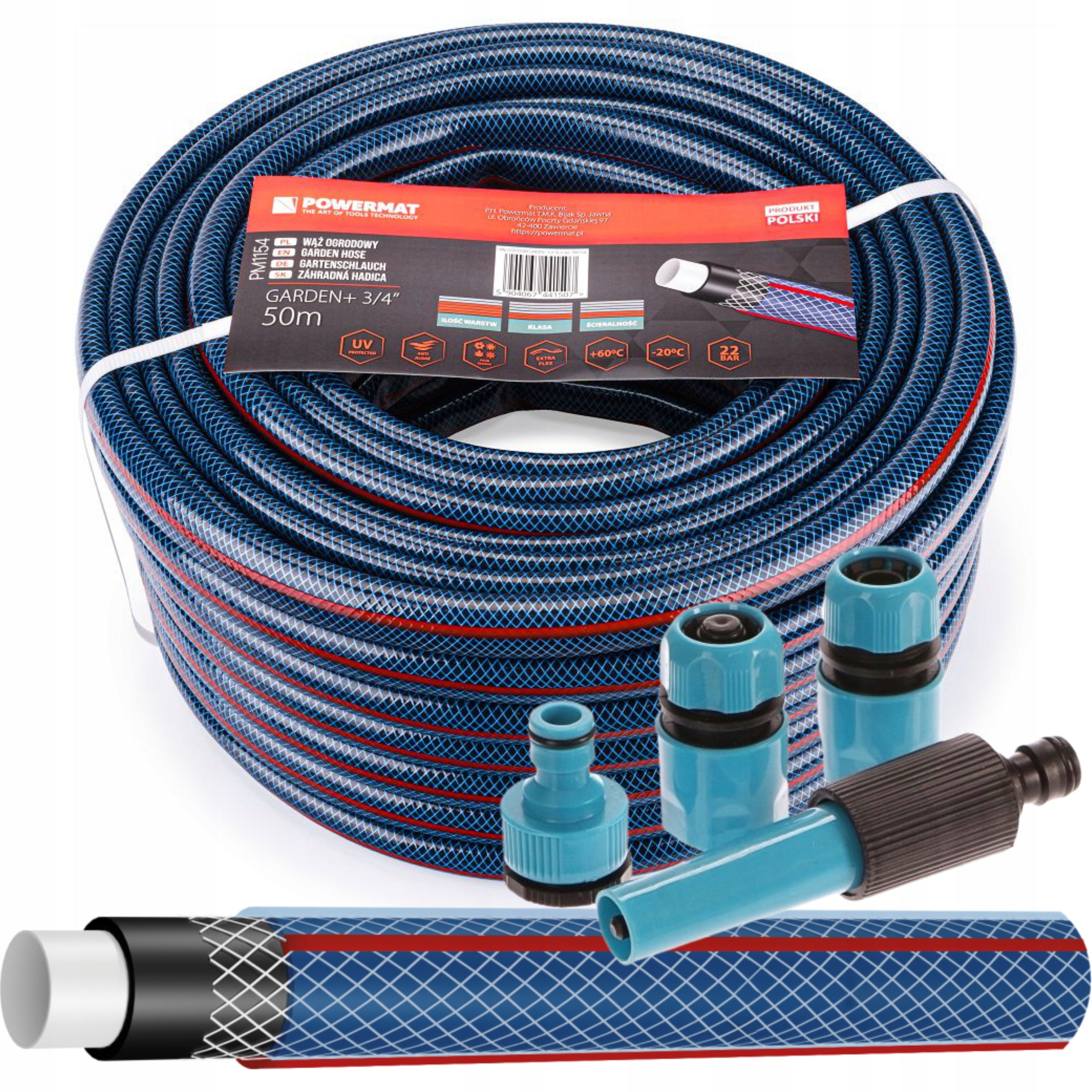 WĄŻ OGRODOWY GUMOWY 4-WARSTWOWY 20BAR 3/4'' 50M PODLEWANIA +ZŁĄCZKI POLSKI