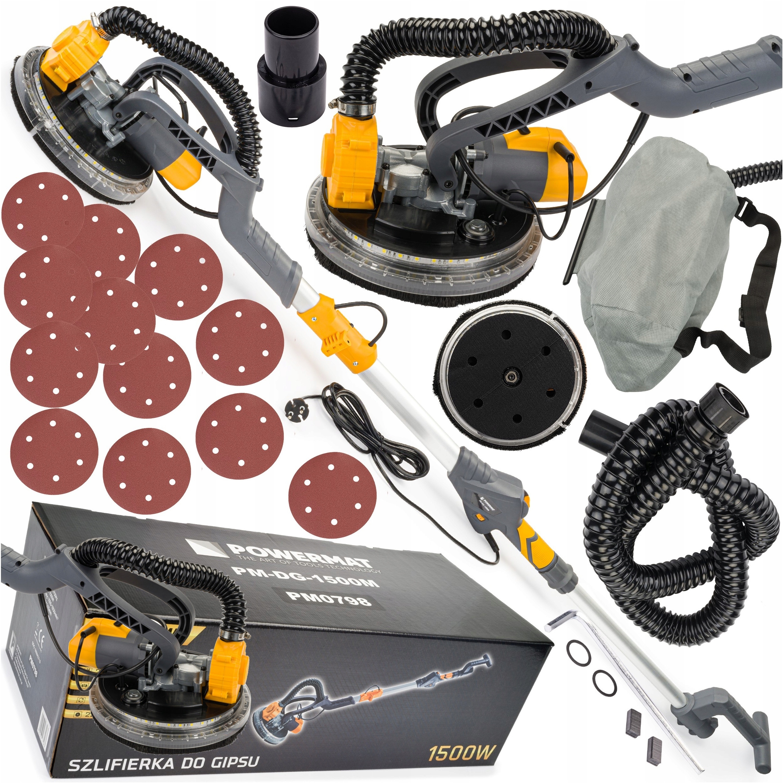 SZLIFIERKA DO GIPSU GŁADZI TYNKÓW 1500W ŻYRAFA LED POWERMAT +AKCESORIA