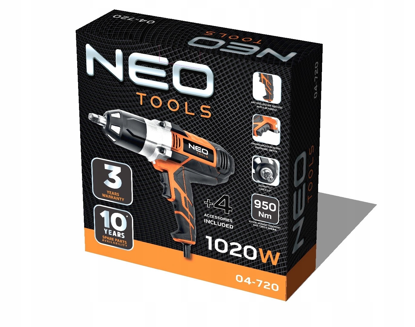 NEO KLUCZ UDAROWY ELEKTRYCZNY 1020W 950Nm 1/2" 04-720 2 BIEGI + 4 NASADKI