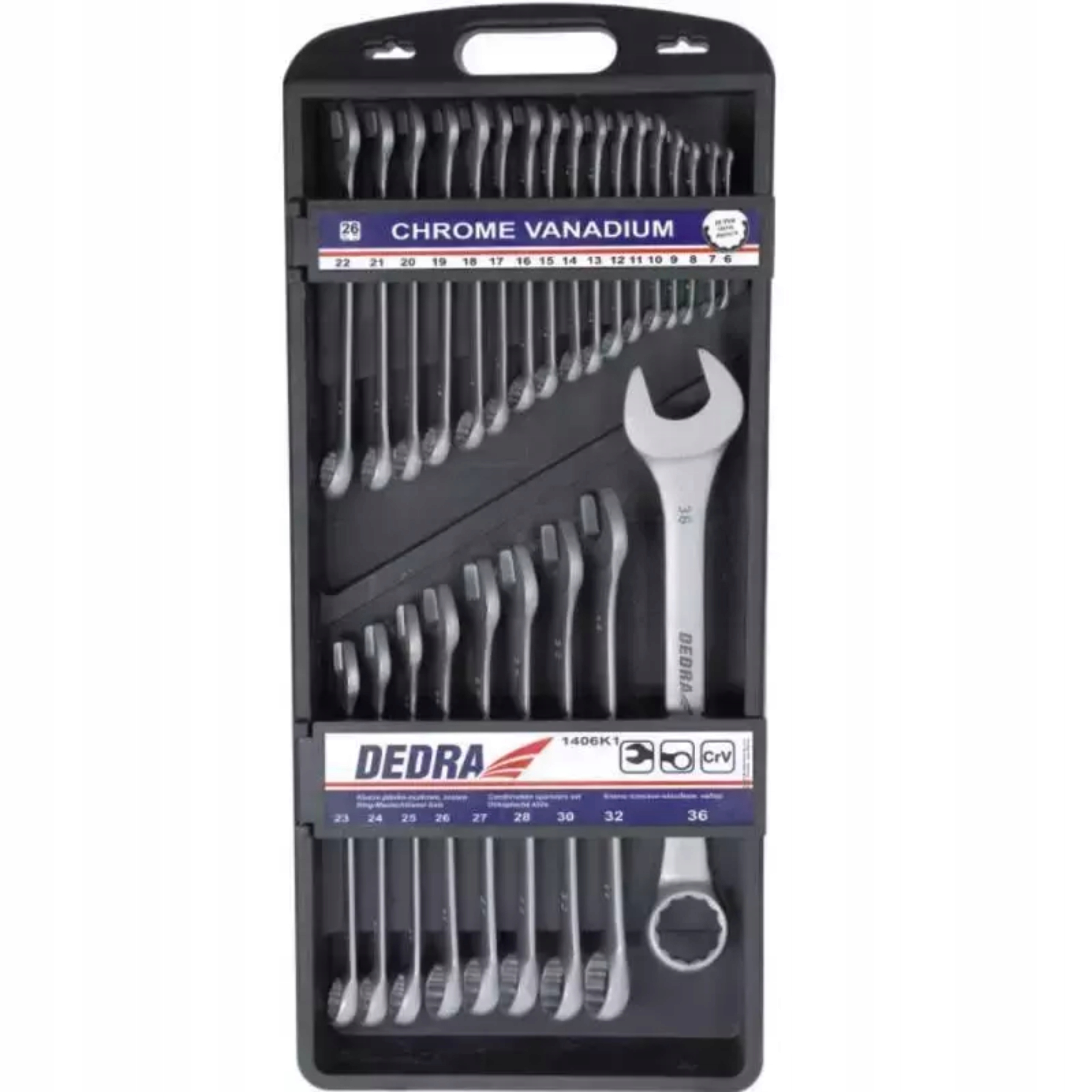 DEDRA ZESTAW KOMPLET KLUCZY PŁASKO-OCZKOWYCH CRV 6-36mm 26CZĘŚCI 1406K1