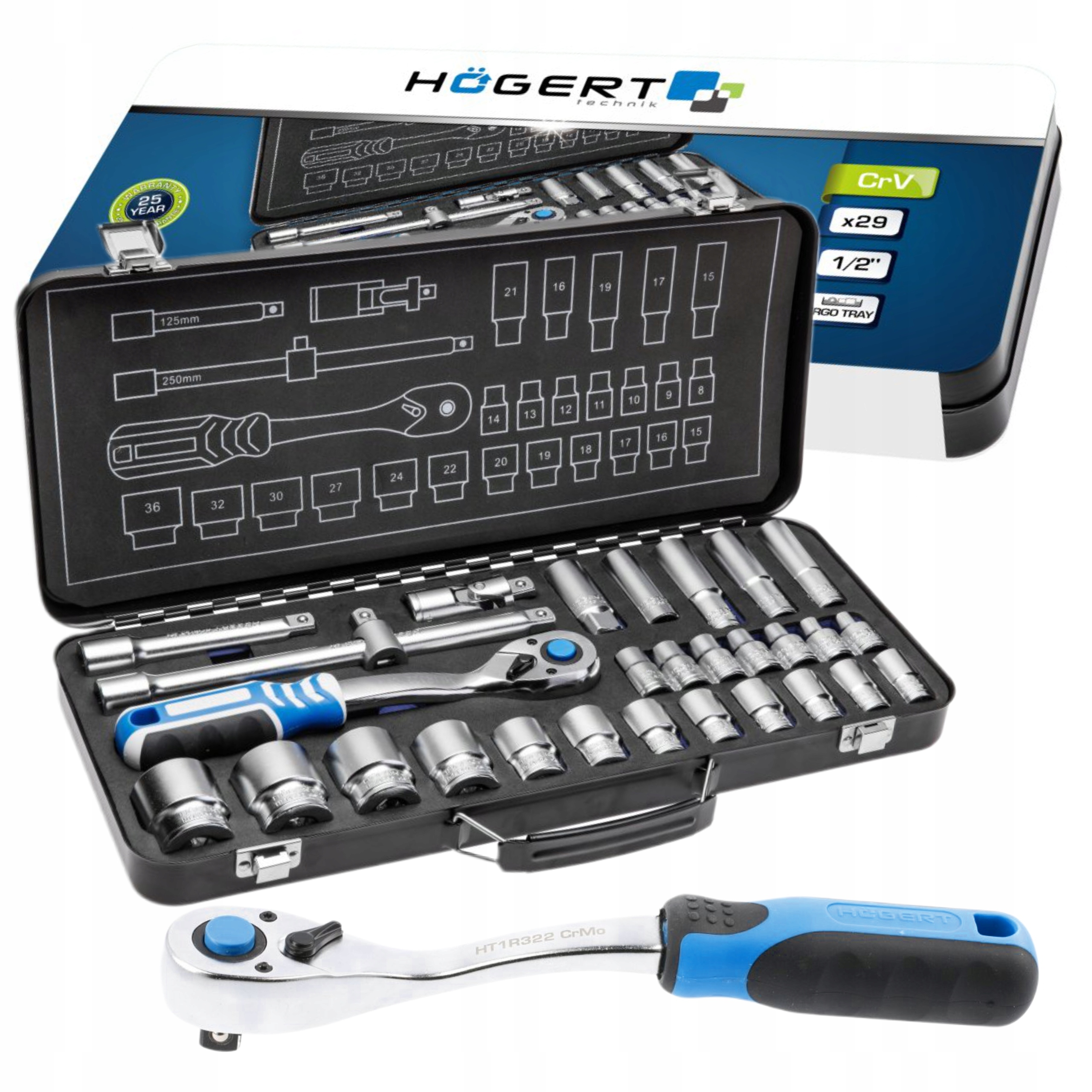 HOGERT ZESTAW NASADEK 1/2" GRZECHOTKA 29szt. WALIZKA HT1R480