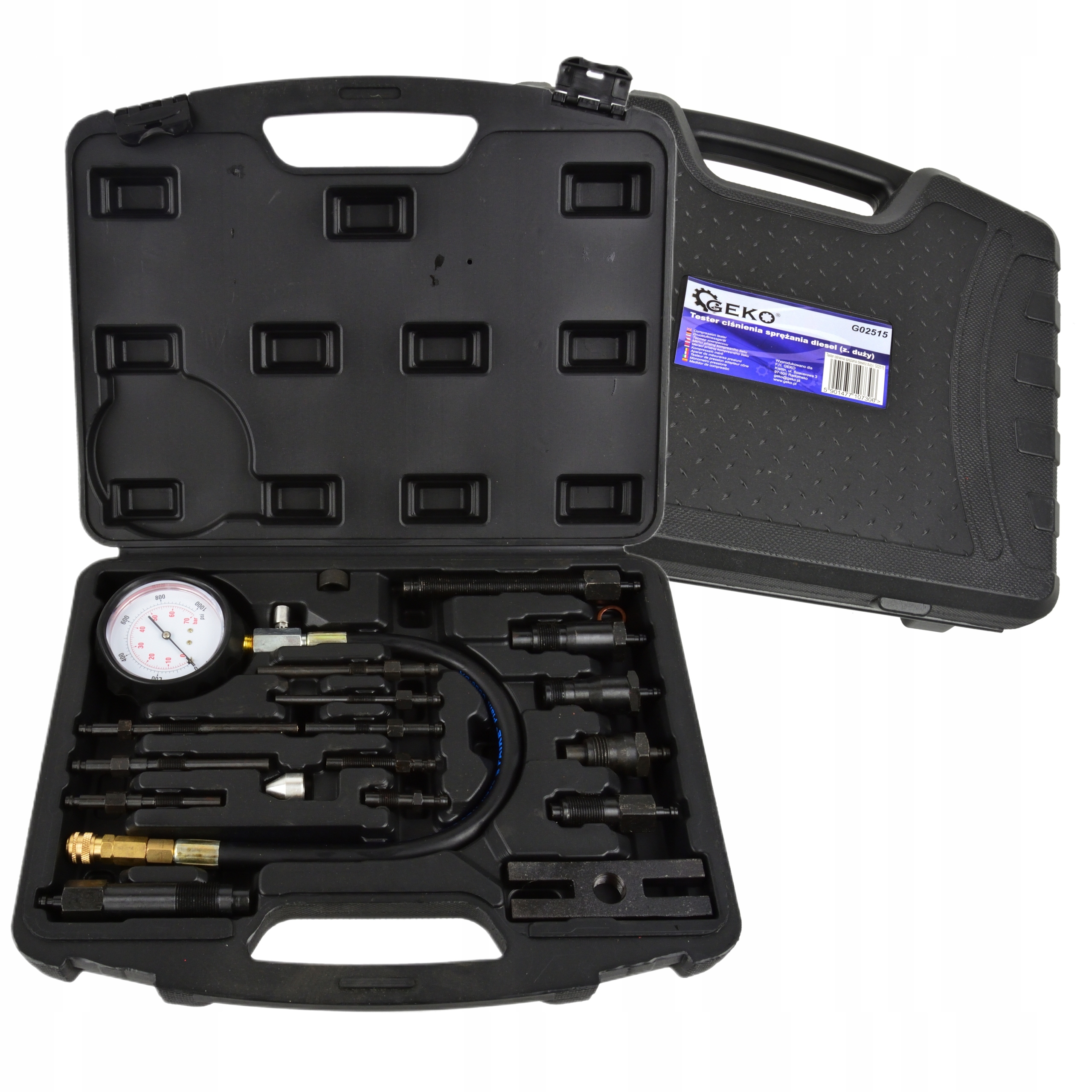 GEKO ZESTAW TESTER MIERNIK CIŚNIENIA SPRĘŻANIA DIESEL +ADAPTERY 17 SZTUK