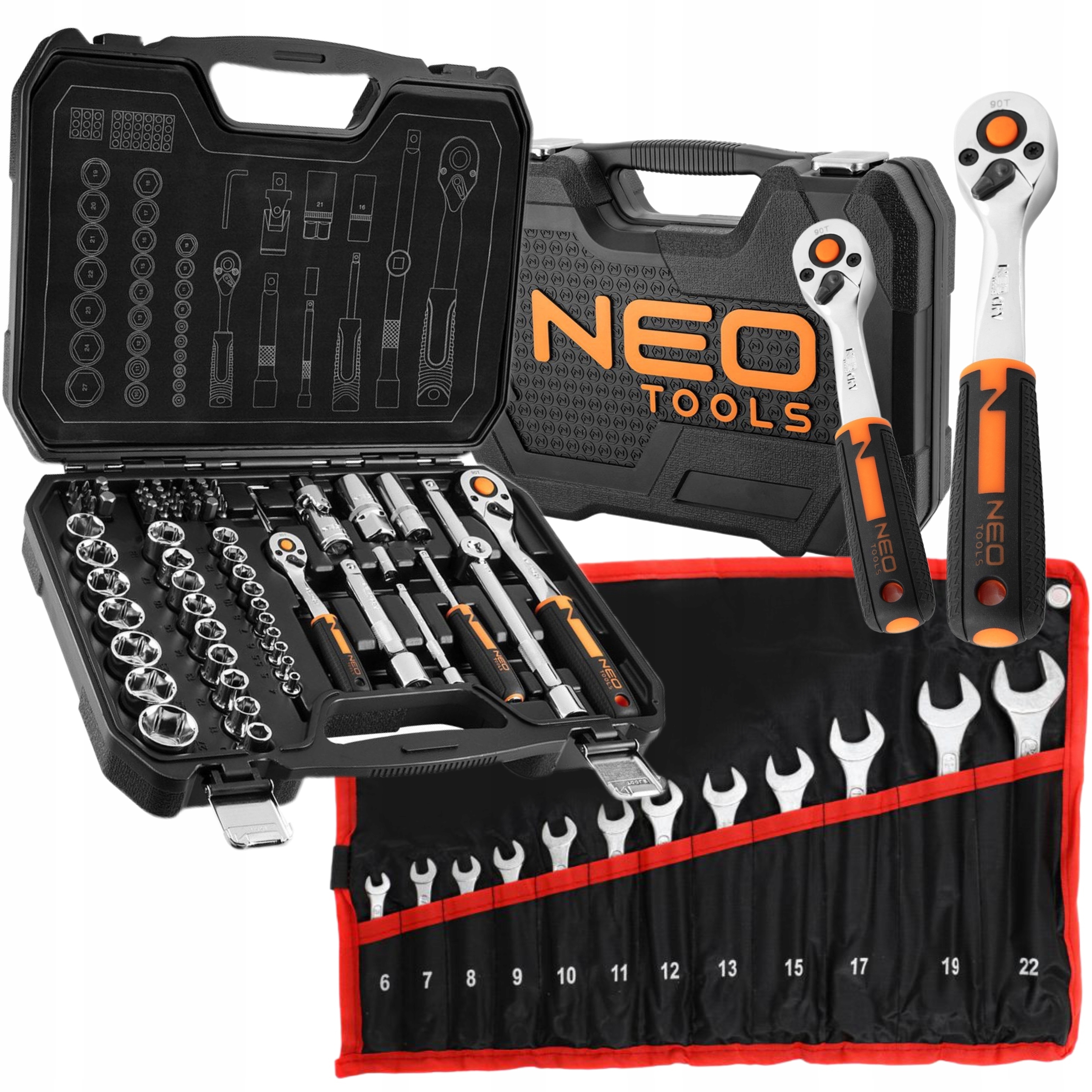 NEO ZESTAW KLUCZY NASADOWYCH 73e 1/2" 1/4" TORX BITY SATYNA +6-22mm PŁ-OCZ