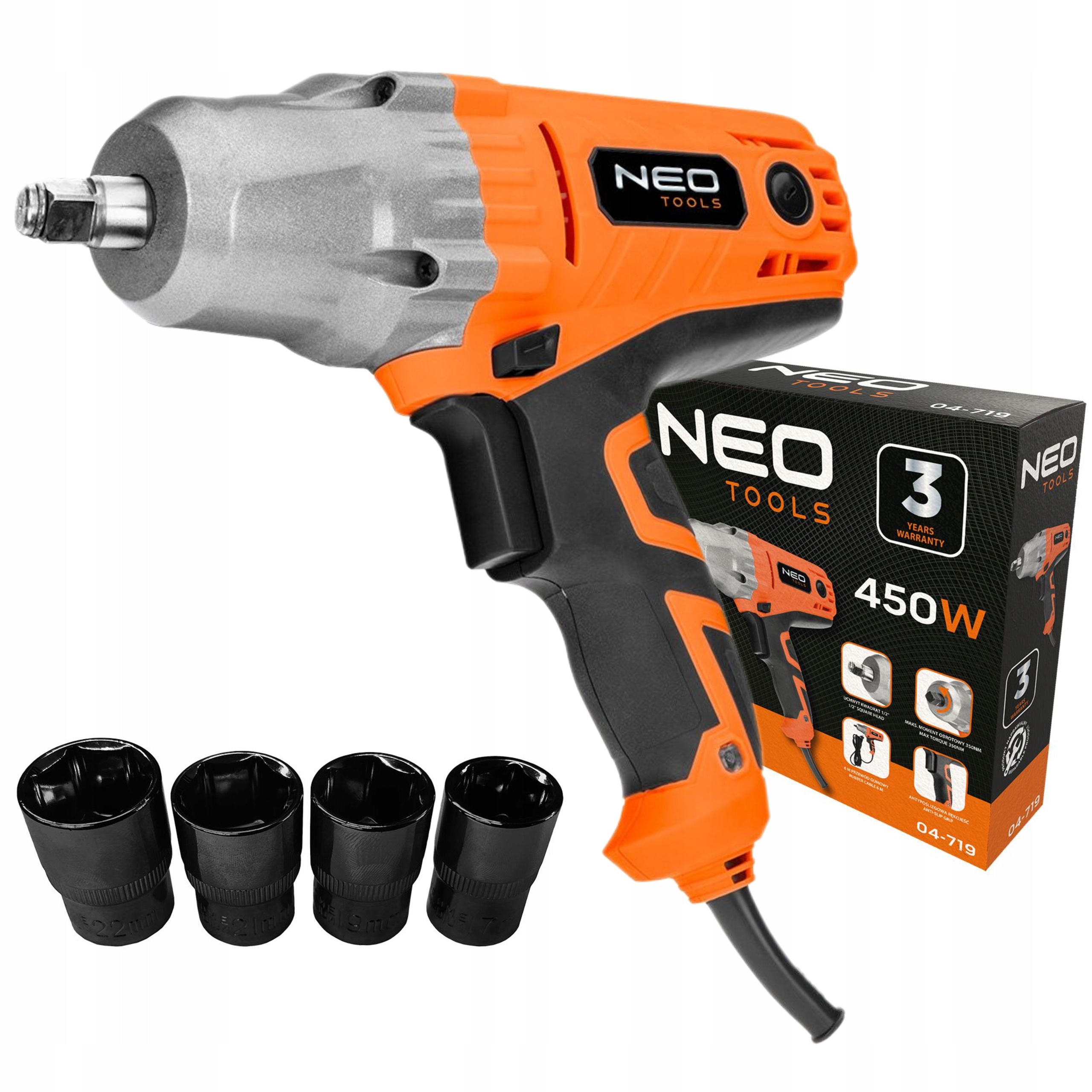 NEOKLUCZ UDAROWY ELEKTRYCZNY 450W 350 NM 3000rpm +NASADKI 1/2" 4 SZT 04-719
