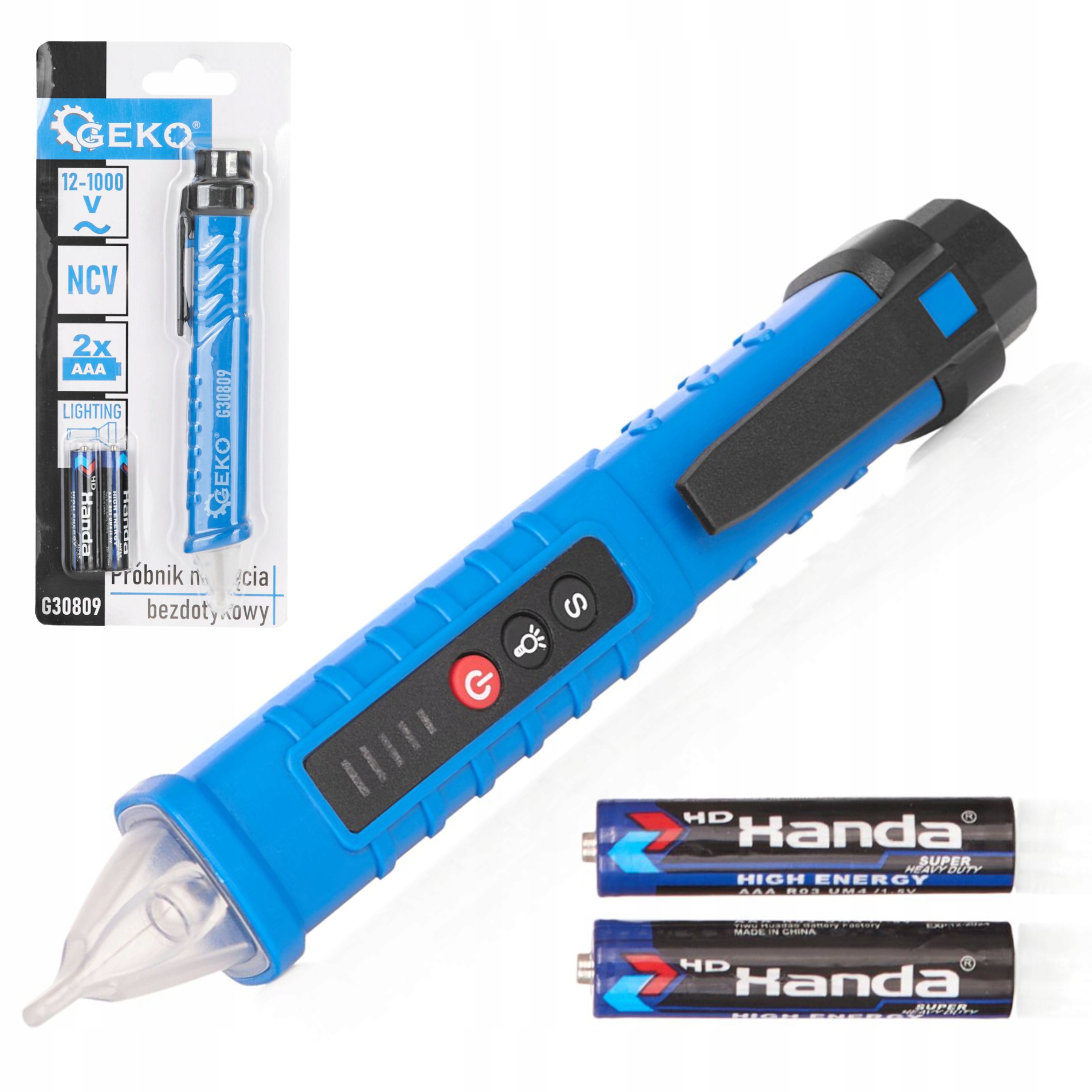 GEKO PRÓBNIK NAPIĘCIA BEZDOTYKOWY 12-1000V SONDA NCV +2x BATERIE G30809