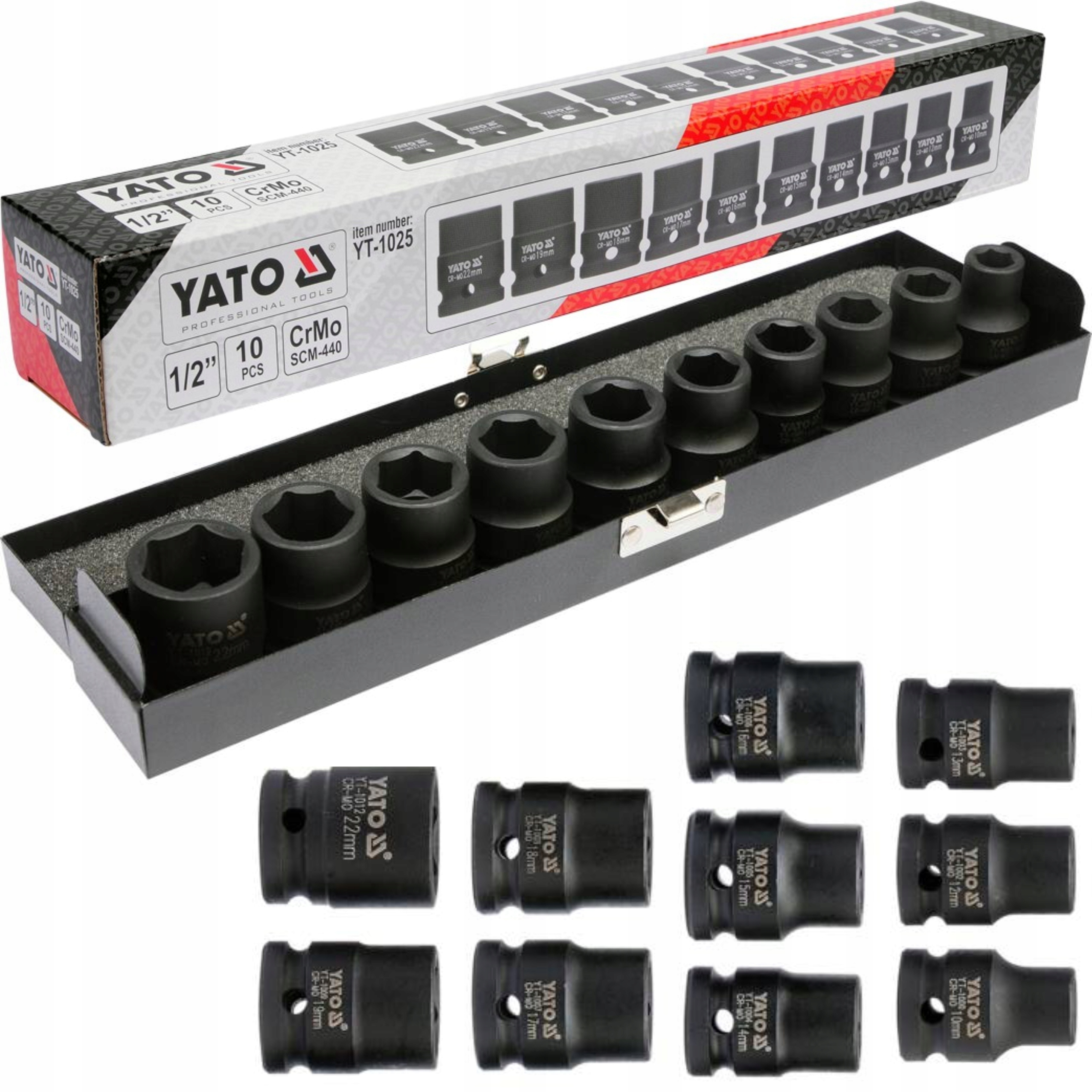 YATO NASADKI UDAROWE KLUCZE ZESTAW 1/2 '''' KOMPLET 10 SZTUK 10-22 MM CRMO