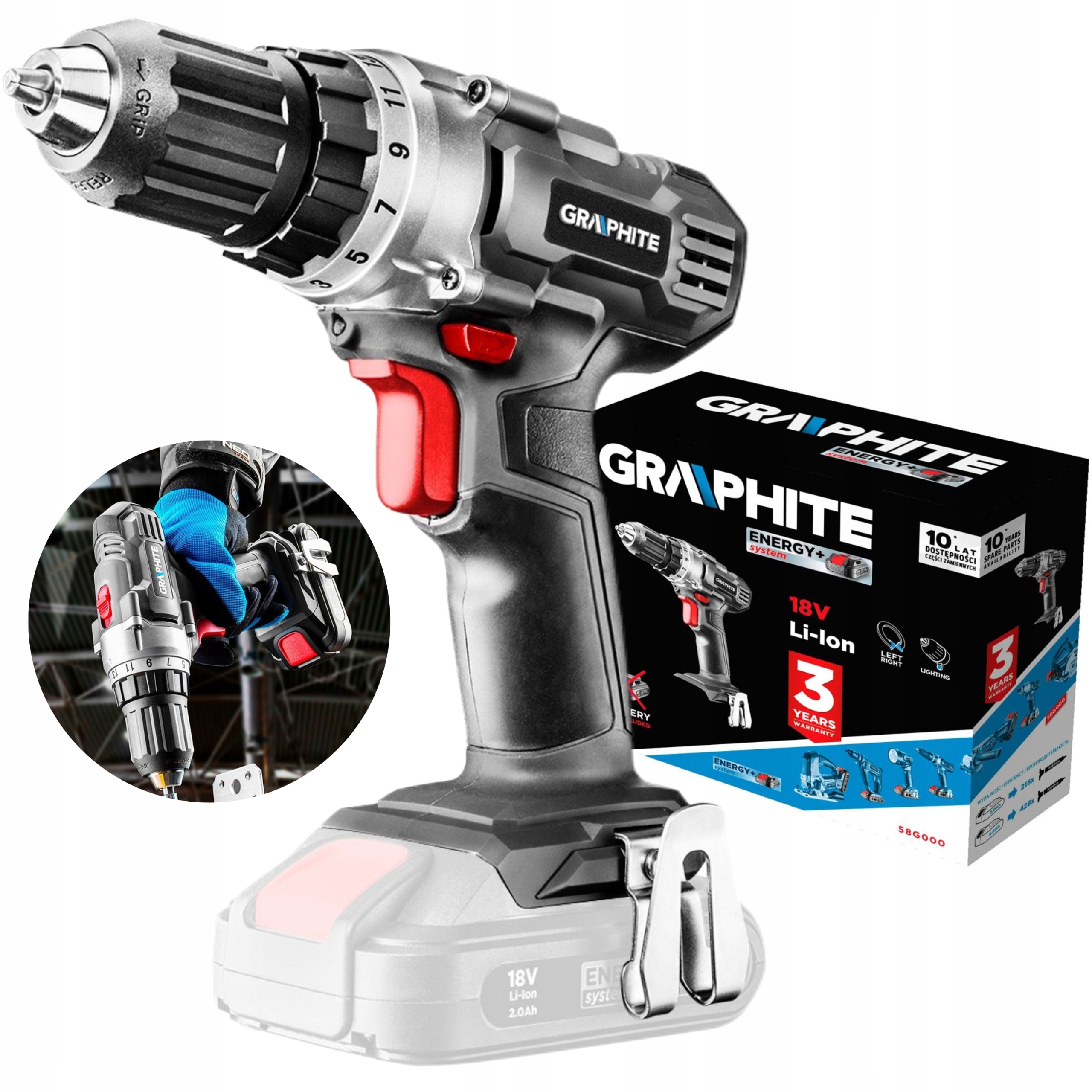 GRAPHITE AKUMULATOROWA WIERTARKO - WKRĘTARKA 18V ENERGY+ 44Nm 58G000