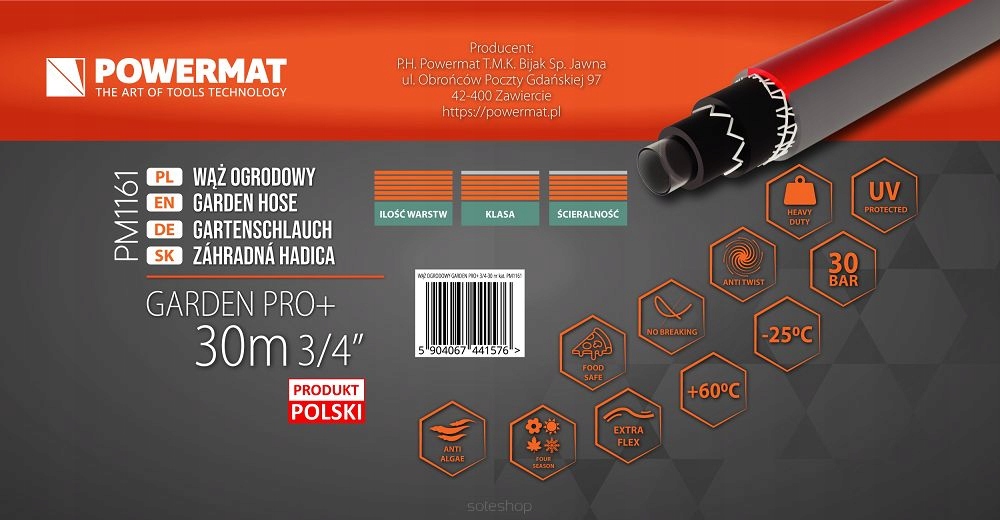 WĄŻ OGRODOWY ZBROJONY 6-WARSTWOWY 30BAR 3/4" 30M + ZŁĄCZKI ZRASZACZ POLSKI