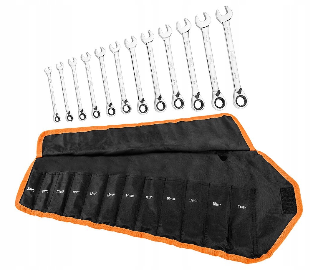 NEO KLUCZE PŁASKO-OCZKOWE Z GRZECHOTKĄ 12 szt 8-19mm PŁACHTA ETUI 09-345