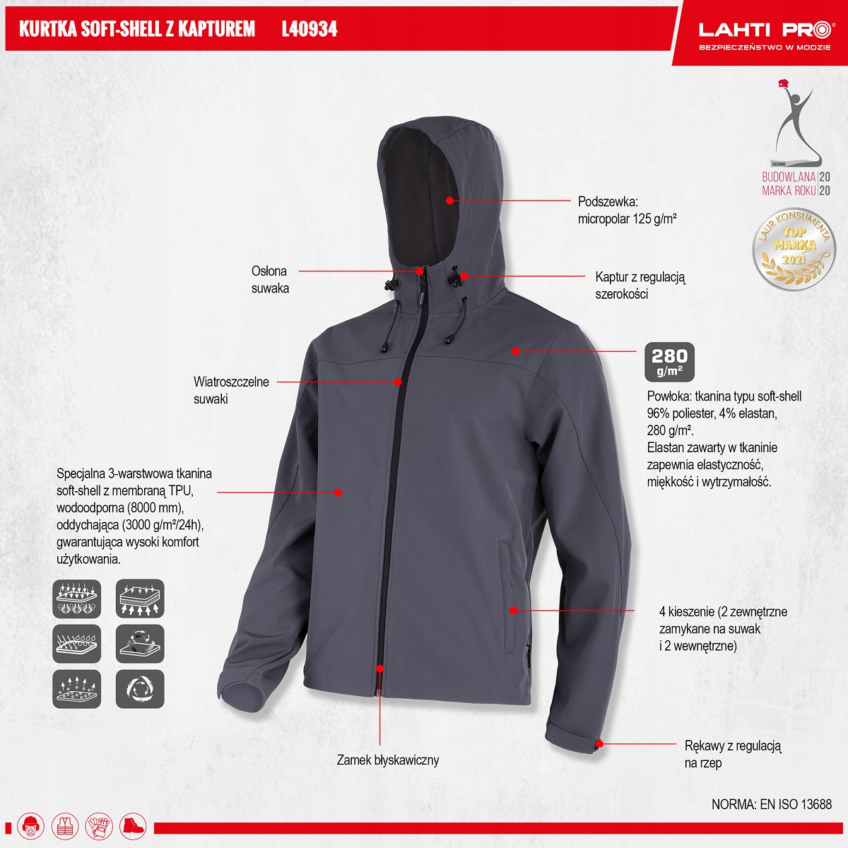 LAHTI PRO KURTKA ROBOCZA BLUZA MĘSKA SOFTSHELL KAPTUR L40934 ROZMIAR 3XL