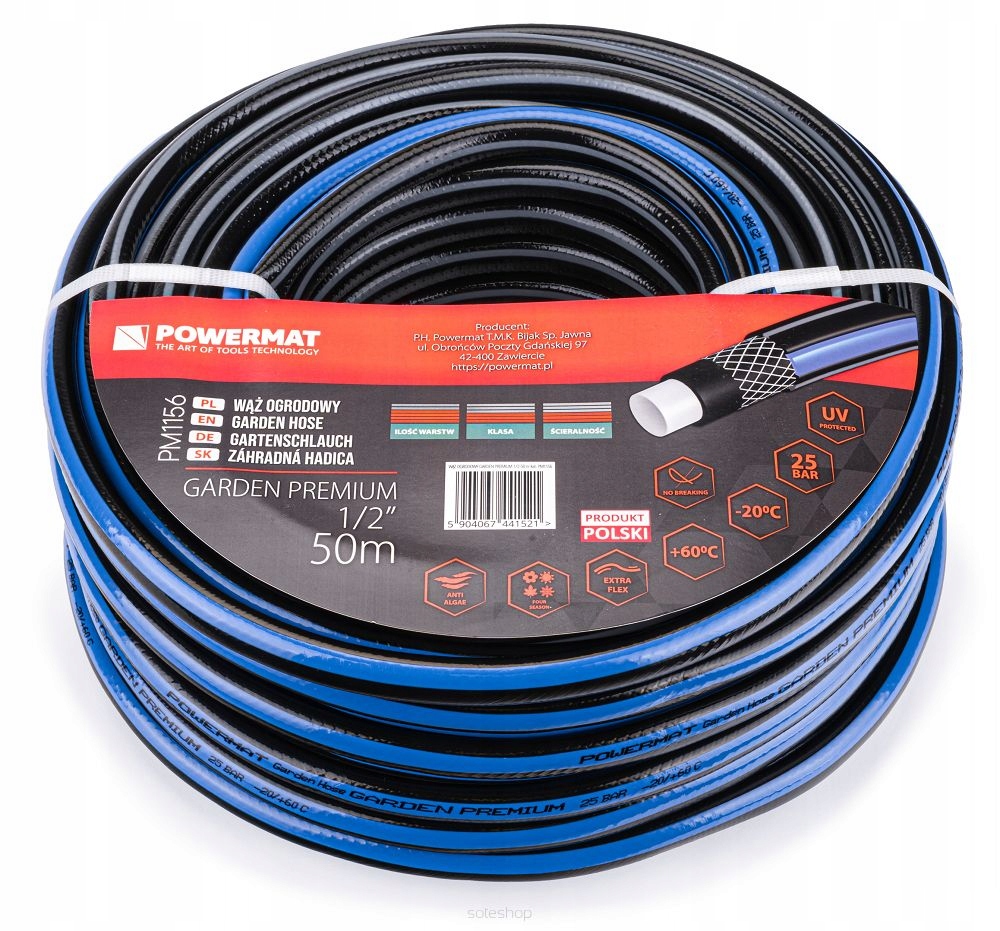 POWERMAT WĄŻ OGRODOWY GARDEN PREMIUM 4 WARSTWOWY 25 BAR 1/2" 50M +ZŁĄCZKI