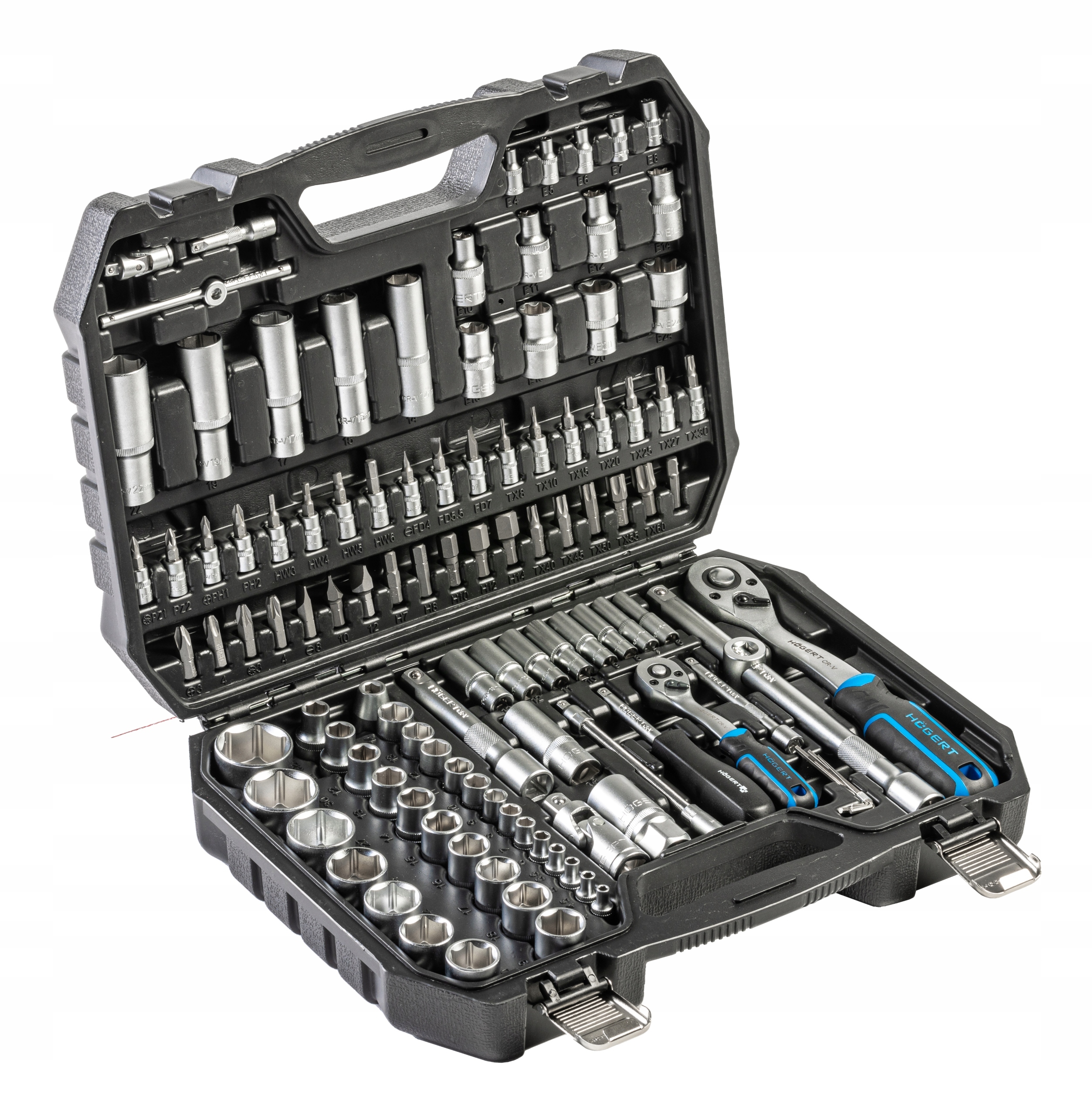 HOGERT ZESTAW NARZĘDZIOWY 112 SZT., CRV GRZECHOTKI 1/4” I 1/2 HT1R232