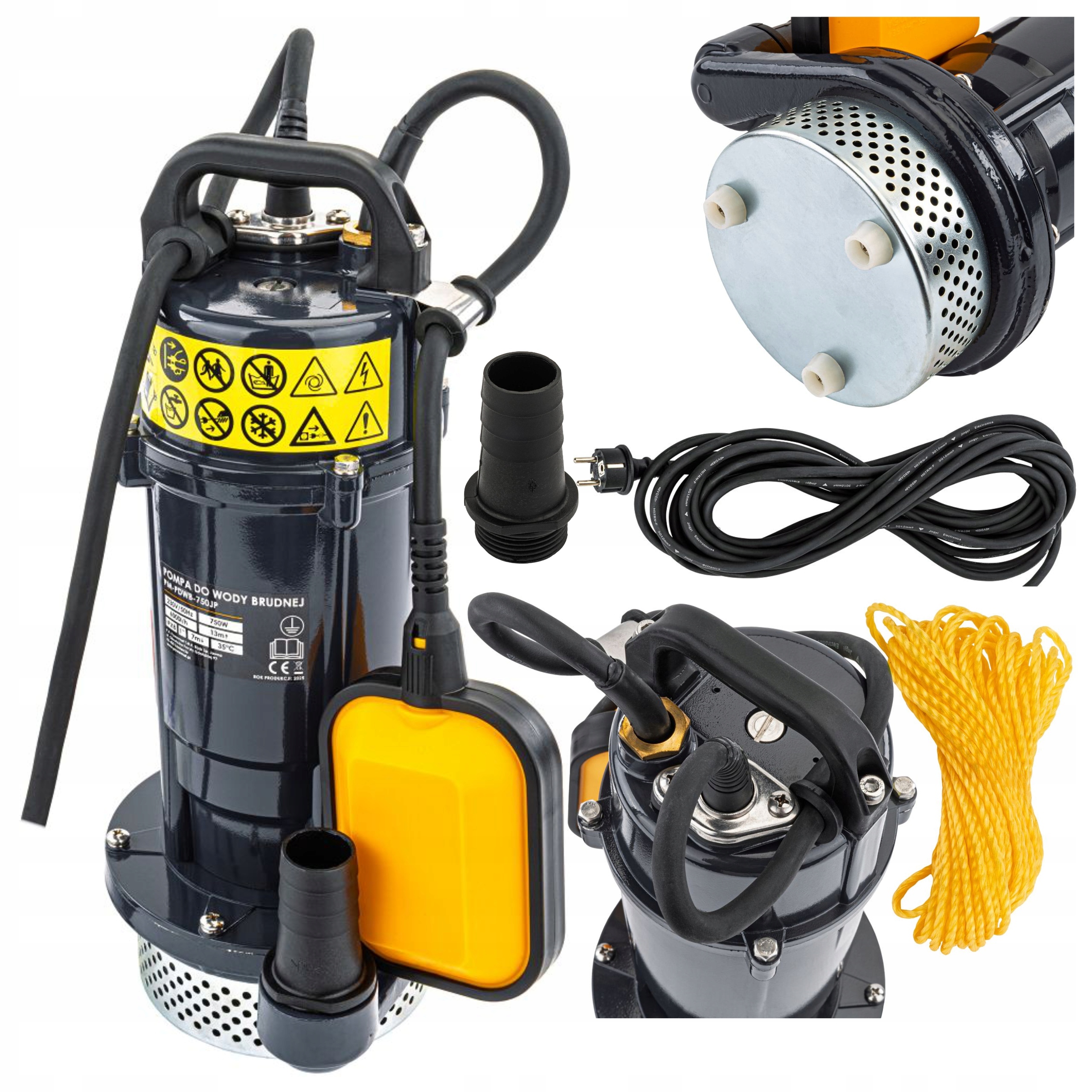 POMPA DO WODY CZYSTEJ BRUDNEJ Z PŁYWAKIEM ZATAPIALNA MOCNA 750W 6000 l/h 1"