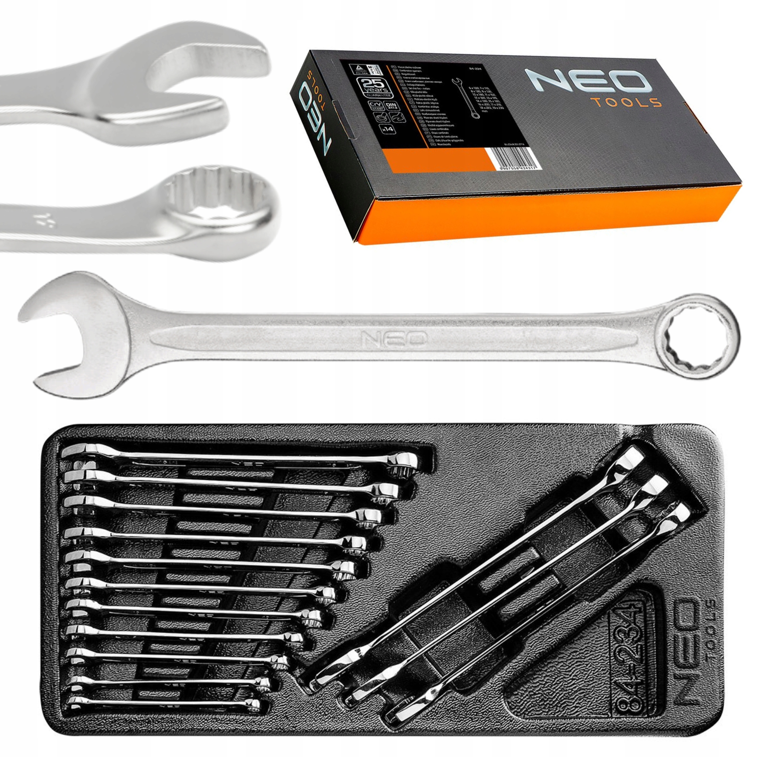NEO WKŁAD KLUCZE PŁASKO-OCZKOWE 6-19mm 14 SZTUK CrV DO SZAFKI 84-234