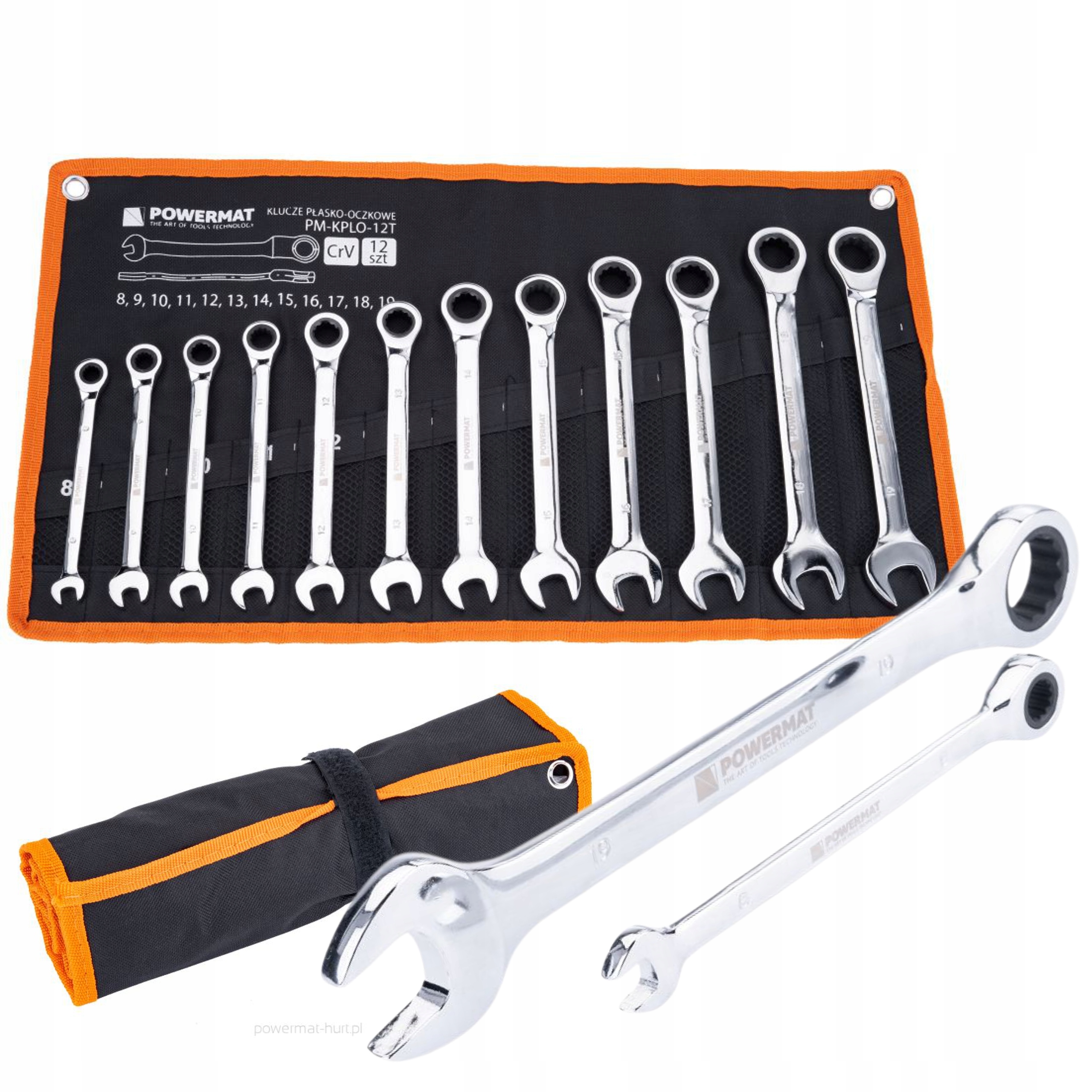 KLUCZE PŁASKO OCZKOWE Z GRZECHOTKĄ 8-19mm 12 SZTUK + PŁACHTA PM-KPLO-12T