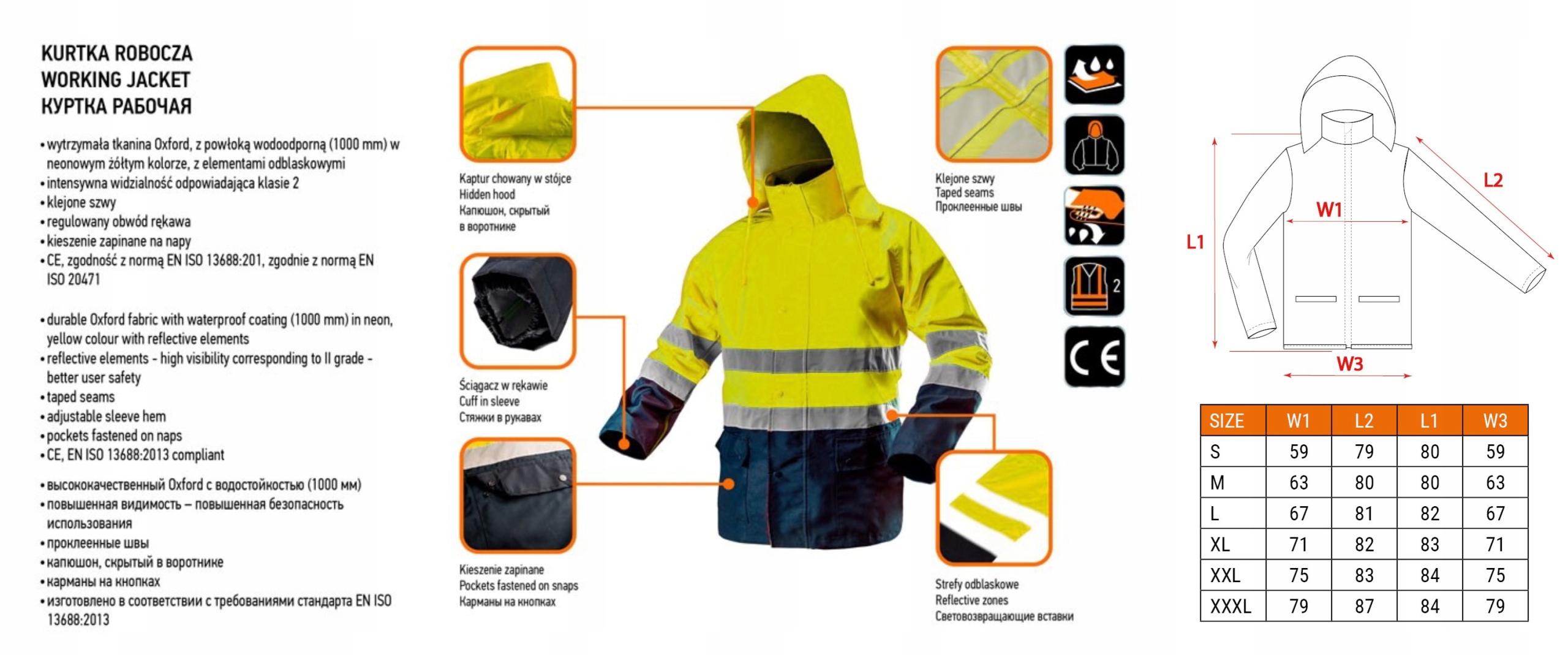 NEO KURTKA ROBOCZA BLUZA OSTRZEGAWCZA WODOODPORNA 1000mm ŻÓŁTA 81-7203XL/58
