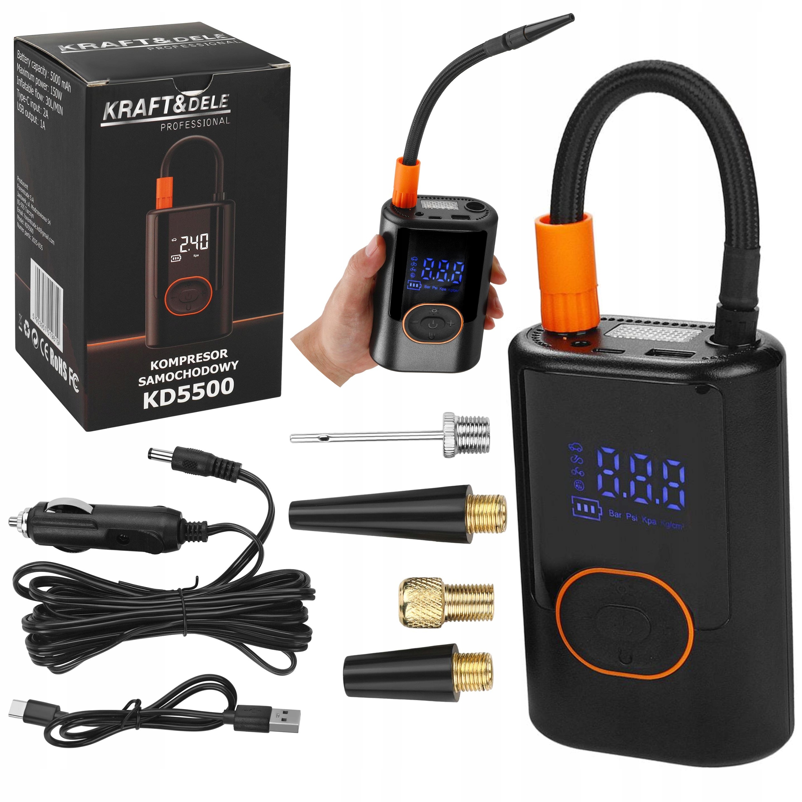 KRAFT&DELE KOMPRESOR AKUMULATOROWY 5000mAh POWERBANK 3-150 PSI LCD KD5500