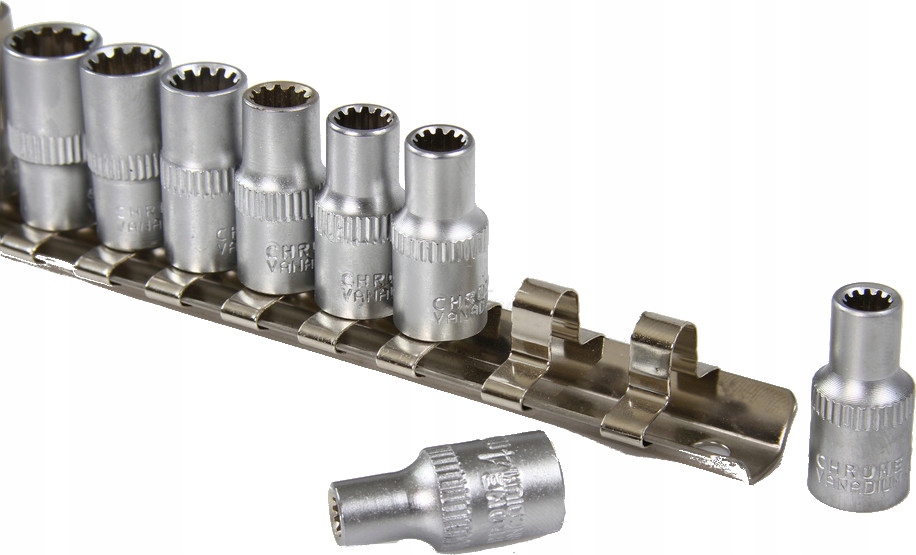 ZESTAW NASADEK NA LISTWIE NASADKI 1/4 KLUCZE DWUNASTOKĄTNE SPLINE 4-14 13el