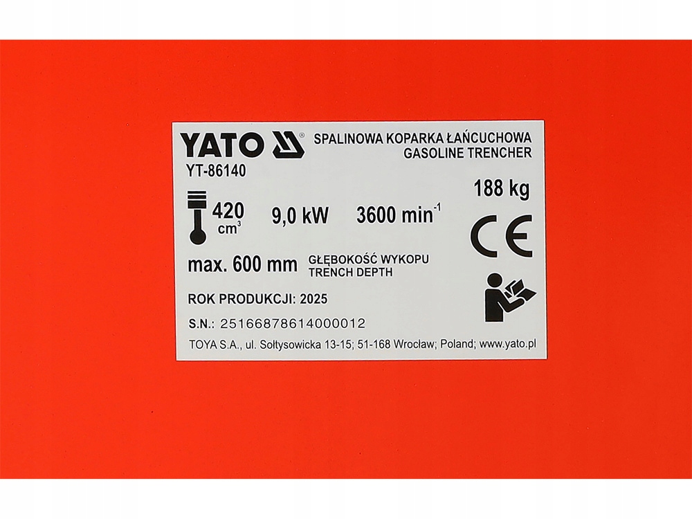 YATO SPALINOWA KOPARKA ŁAŃCUCHOWA GŁĘBOKOŚĆ MAX 60CM, POJ. 420 CM3 YT-86140