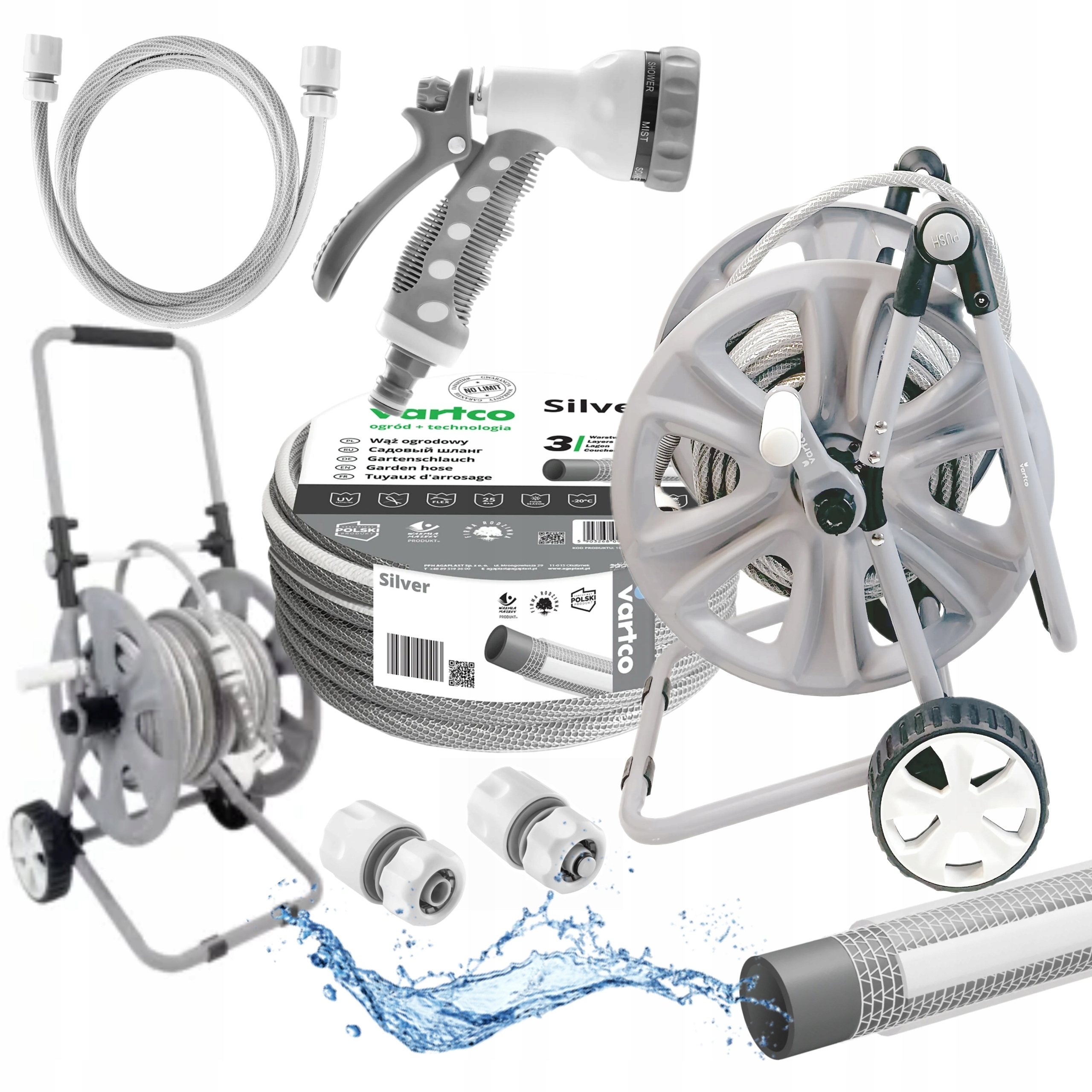 ZESTAW WÓZEK STOJAK BĘBEN + WĄŻ OGRODOWY TFS 1/2" 30MB ZRASZACZ +3 xZŁĄCZKA