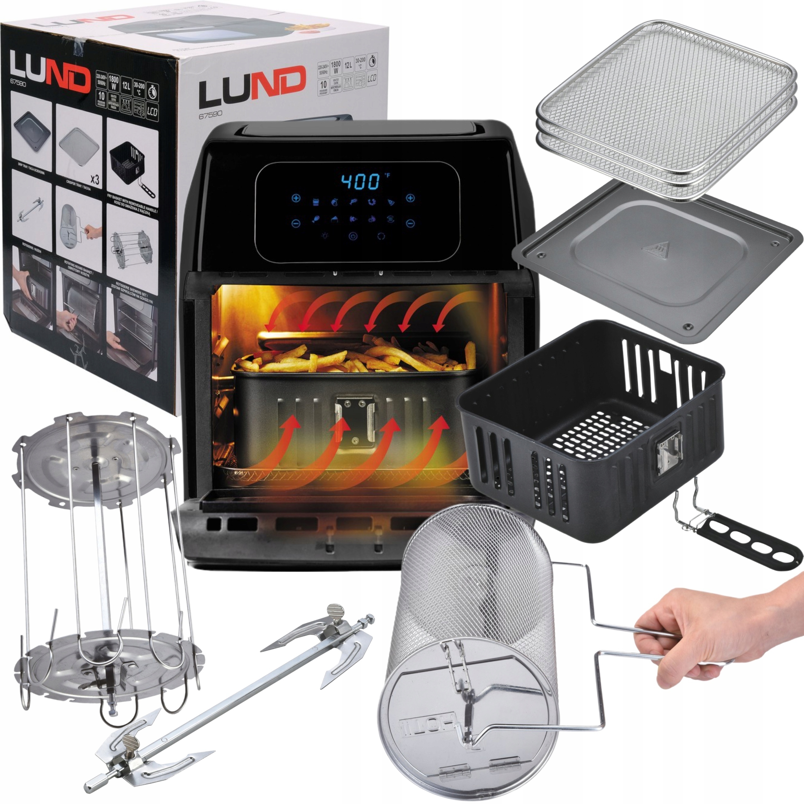 FRYTKOWNICA BEZTŁUSZCZOWA 2w1 PIEKARNIK 12l 1800W TIMER 10 PROGRAMÓW LCD