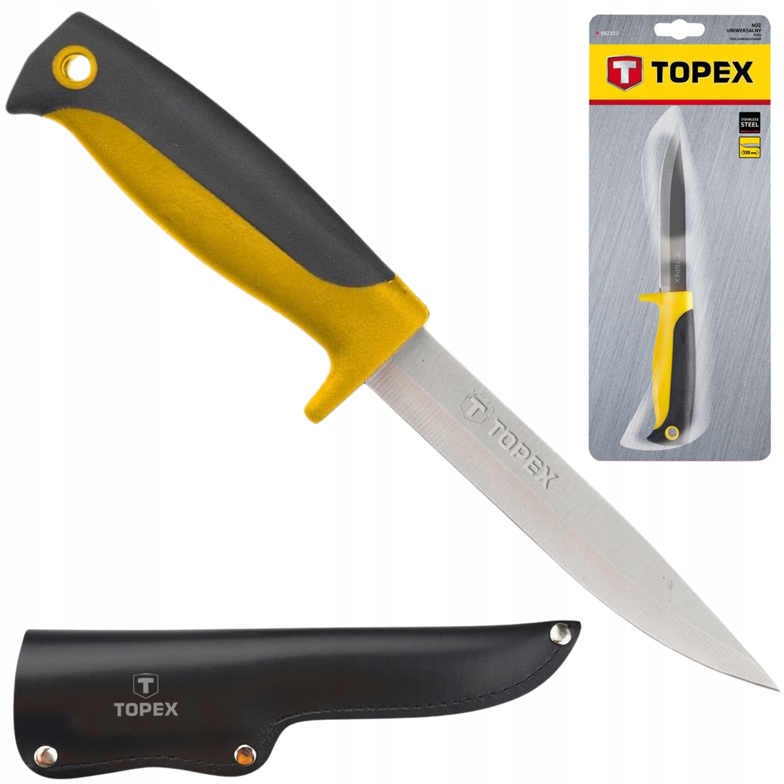TOPEX NÓŻ UNIWERSALNY OSTRZE STALOWE 120 MM SKÓRZANA KABURA SURVIVAL 98Z103