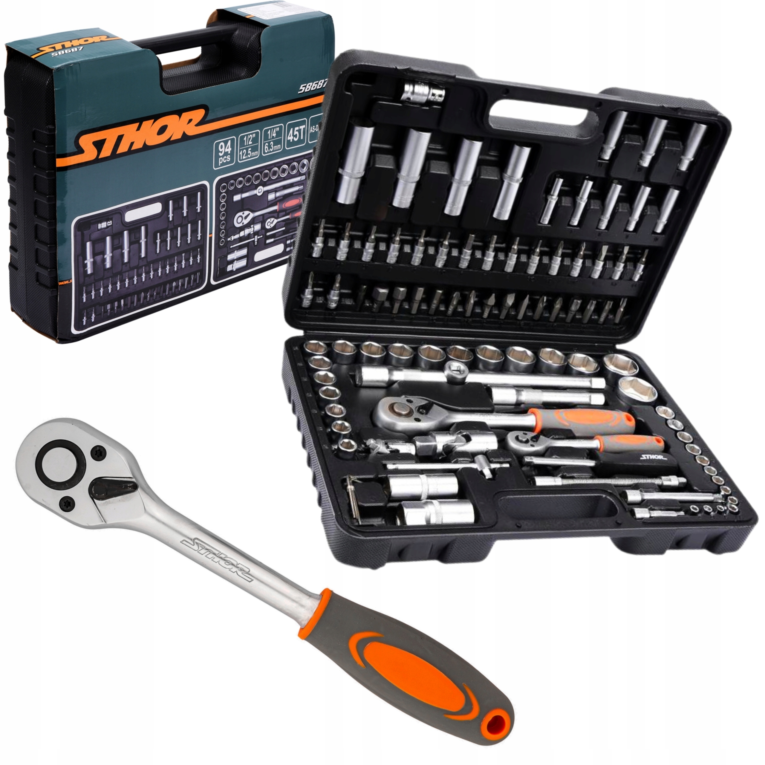 STHOR ZESTAW KLUCZY NASADOWYCH NARZĘDZI 94szt 1/4'' 1/2'' KLUCZE BITY TORX