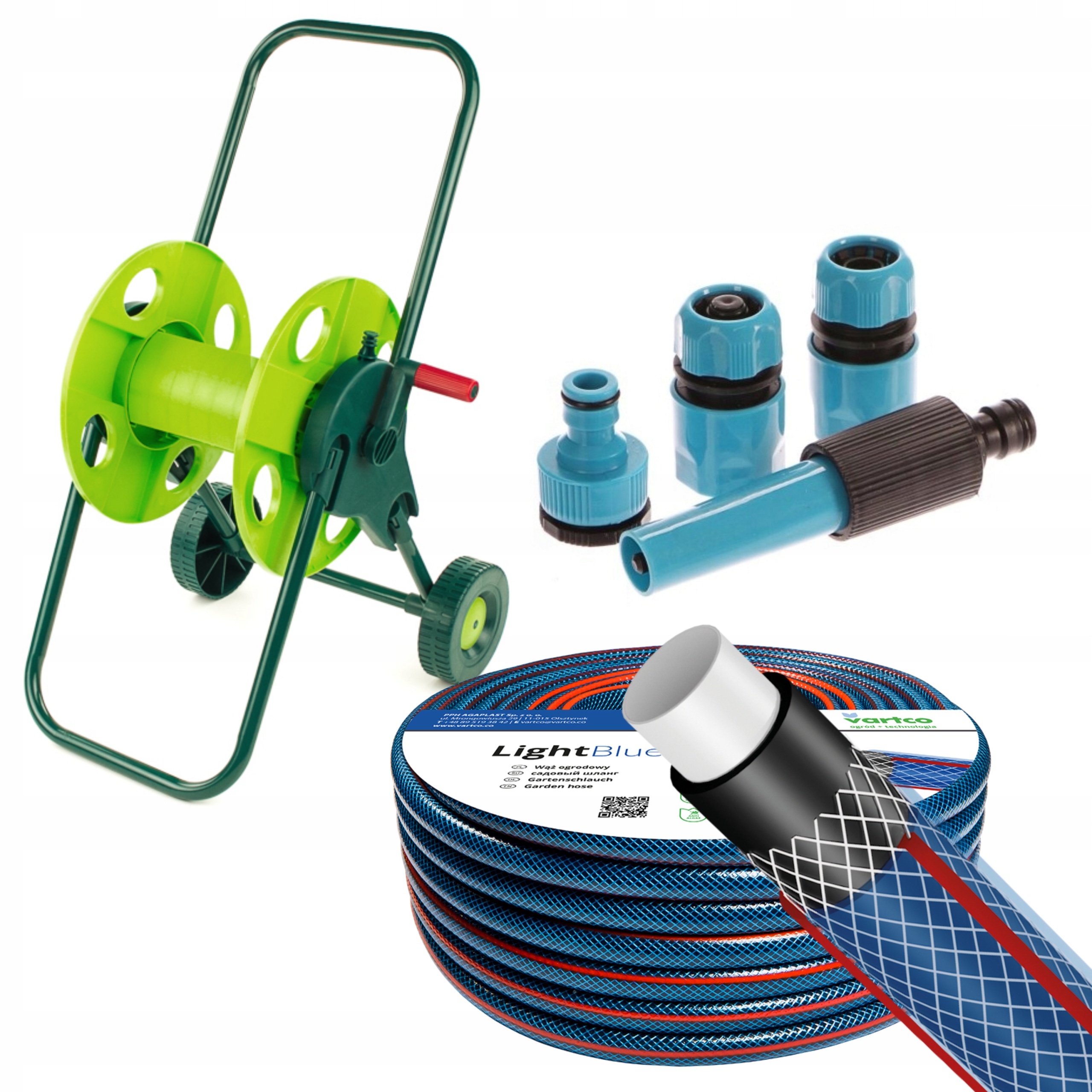 WĄŻ OGRODOWY 1/2" 50M + WÓZEK NA WĄŻ + ZESTAW KOŃCÓWEK PRODUKT POLSKI