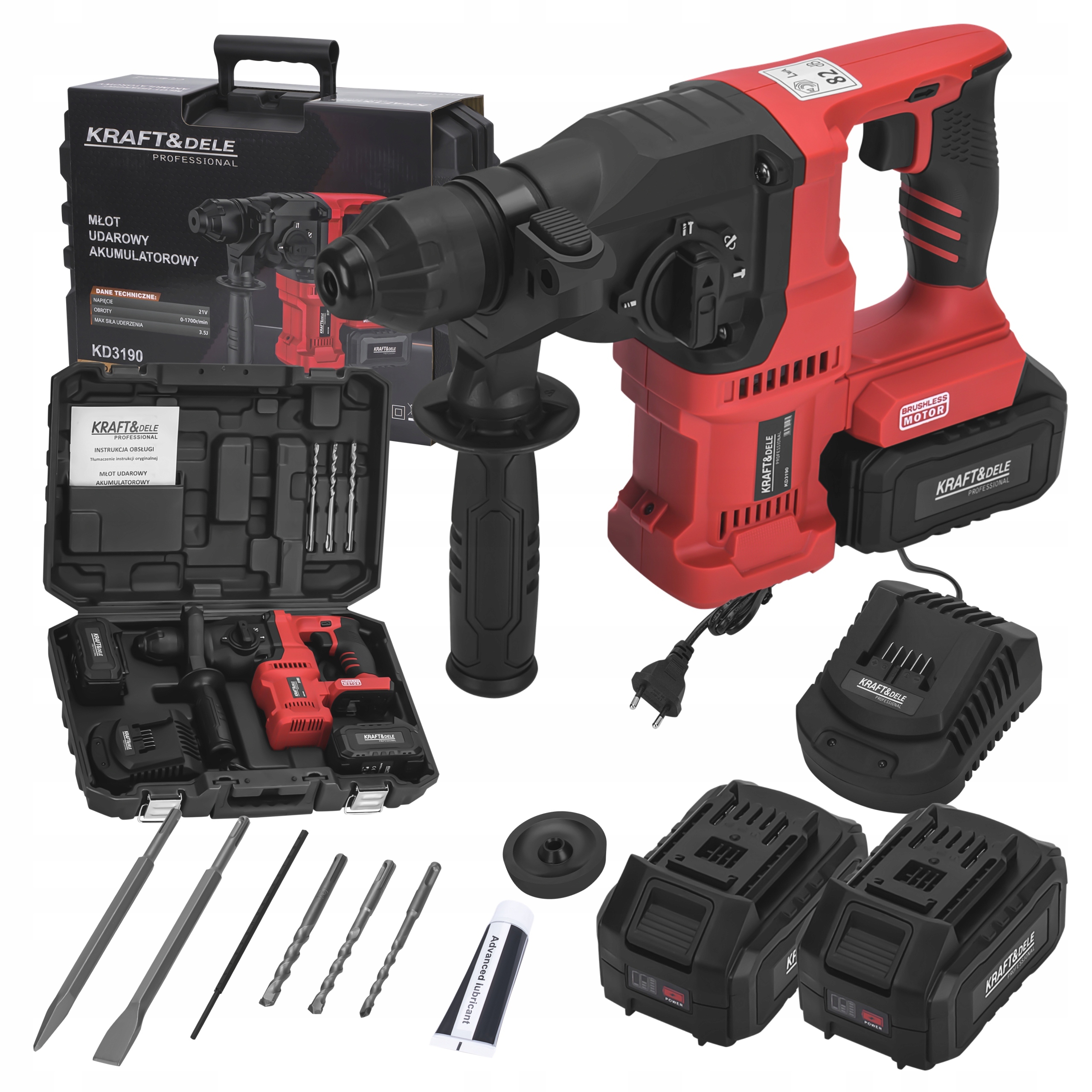 MŁOT UDAROWY AKUMULATOROWY 21V 3.5J SDS+ BEZSZCZOTKOWY 2x4AH WALIZKA KD3190
