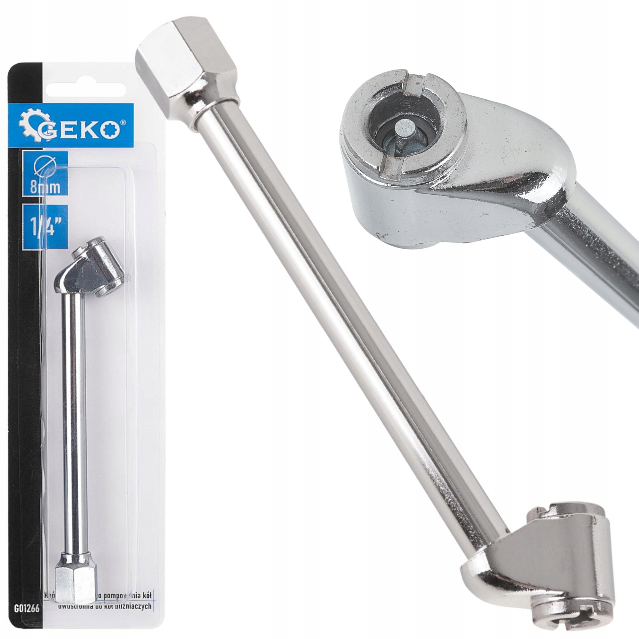 GEKO KOŃCÓWKA DŁUGA DO POMPOWANIA KÓŁ DWUSTRONNA BLIŹNIACZE 1/4” 8MM G01266