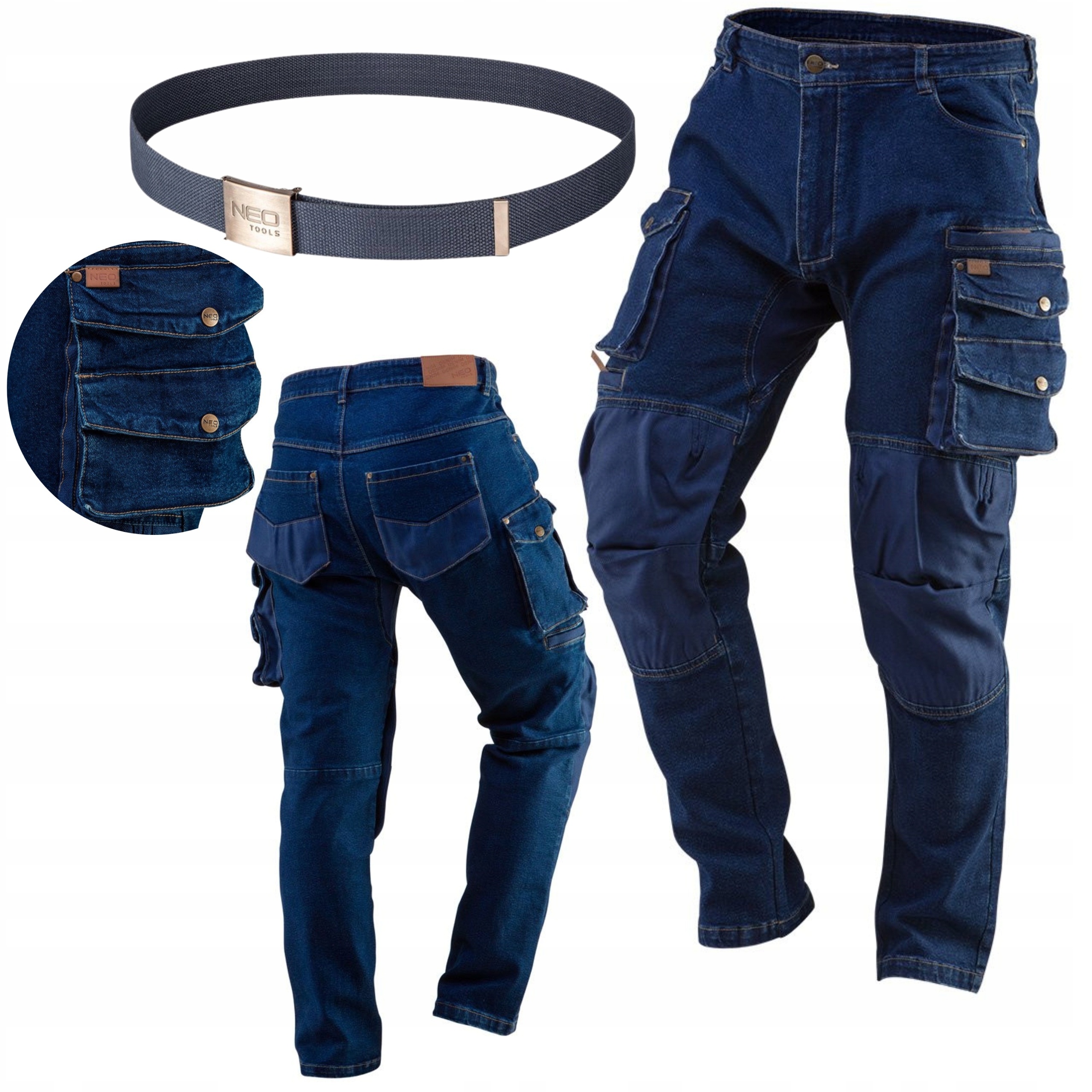 NEO SPODNIE ROBOCZE DENIM DO PASA WZMOCNIONE BAWEŁNA OXFORD M/50 + PASEK