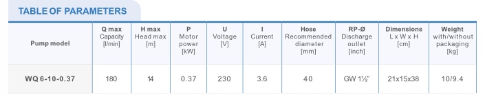 OMNIGENA POMPA ZATAPIALNA WQ 6-10-0,37 230V 370W WODA CZYSTA +9,5m KABEL