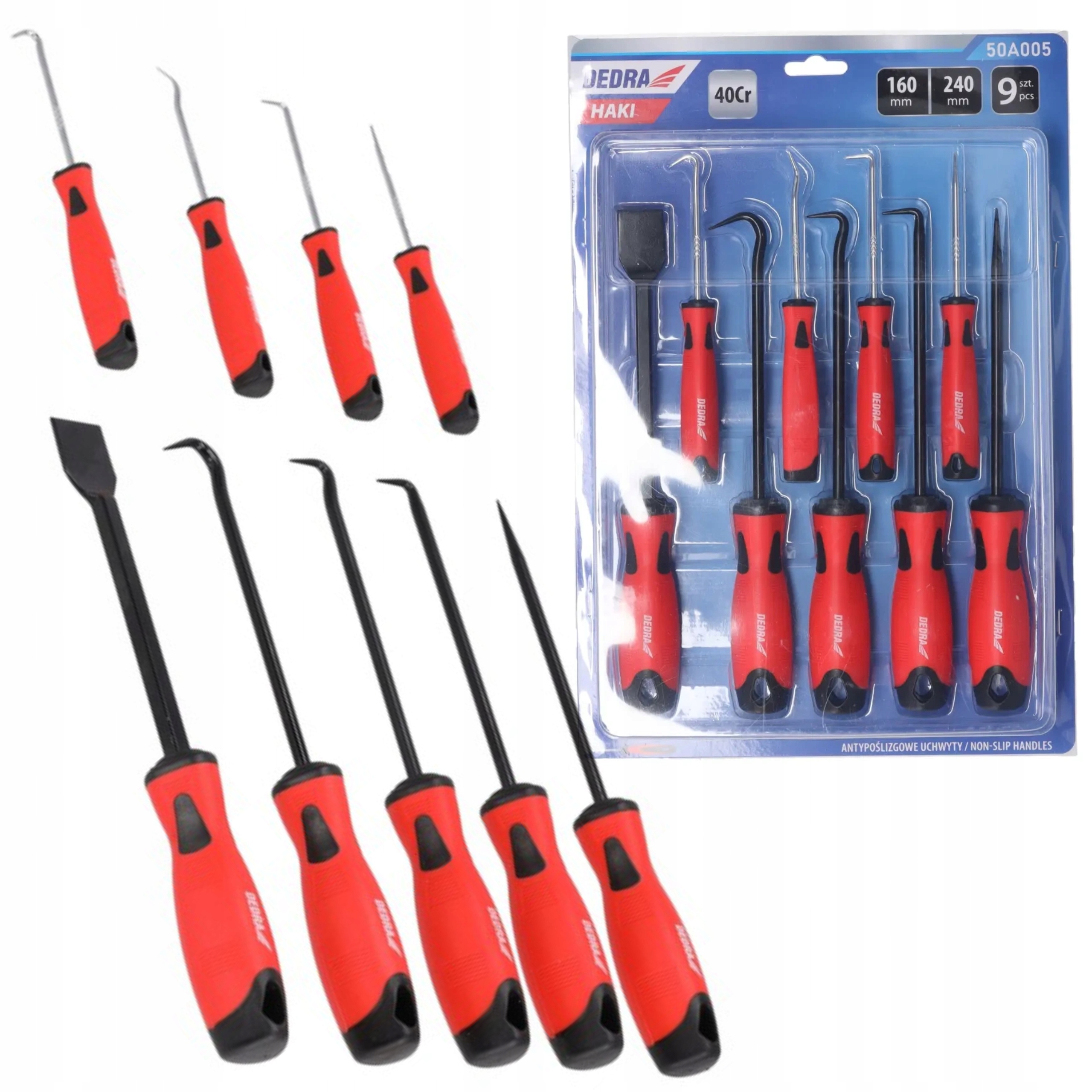 DEDRA HAKI Z RĘKOJEŚCIĄ ZE STALI I CHROMU ZESTAW 9 SZTUK DŁUGOŚĆ 160-240 MM