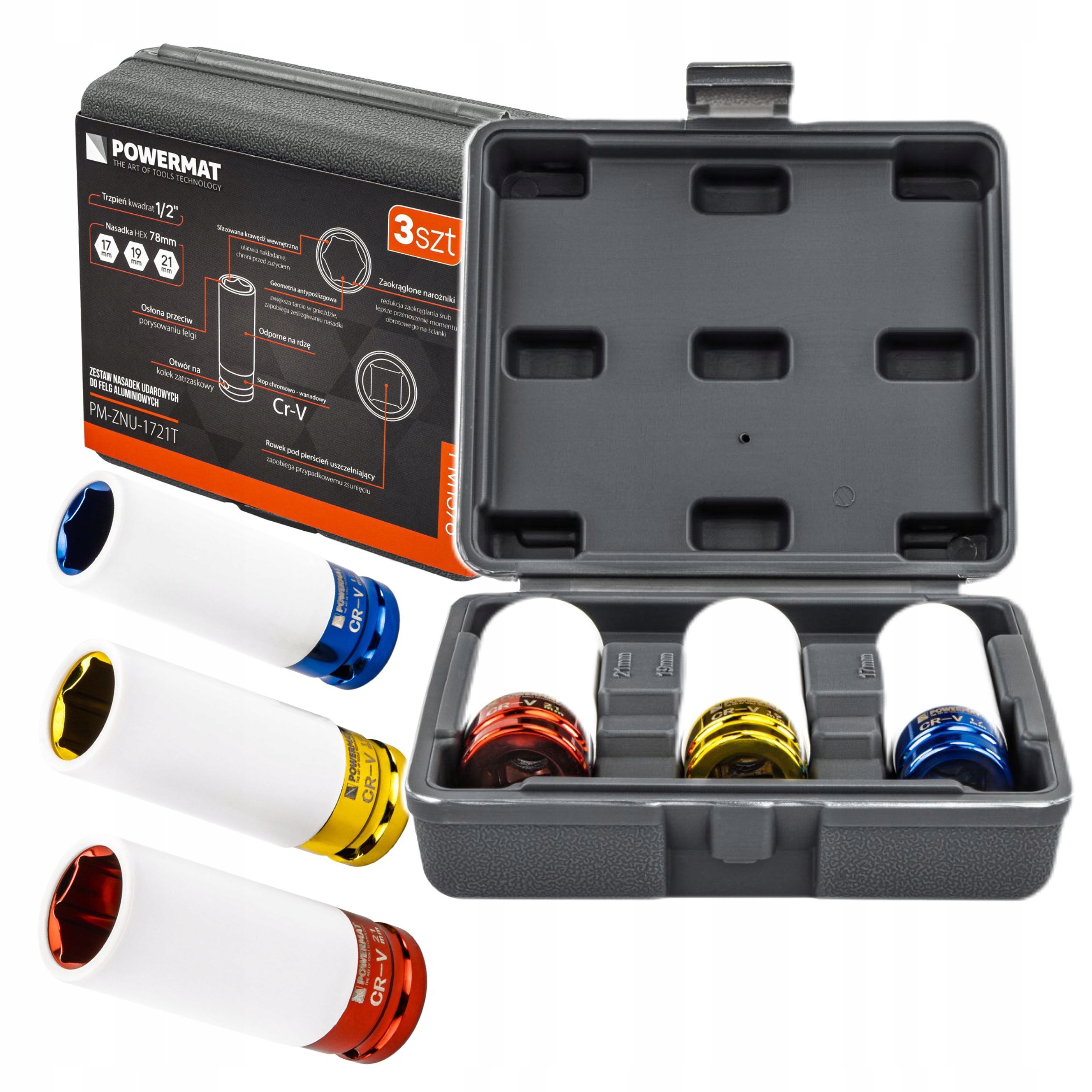 ZESTAW NASADEK UDAROWYCH DO FELG ALUMINIOWYCH 17/19/21 MM KOLOROWE 3 SZT
