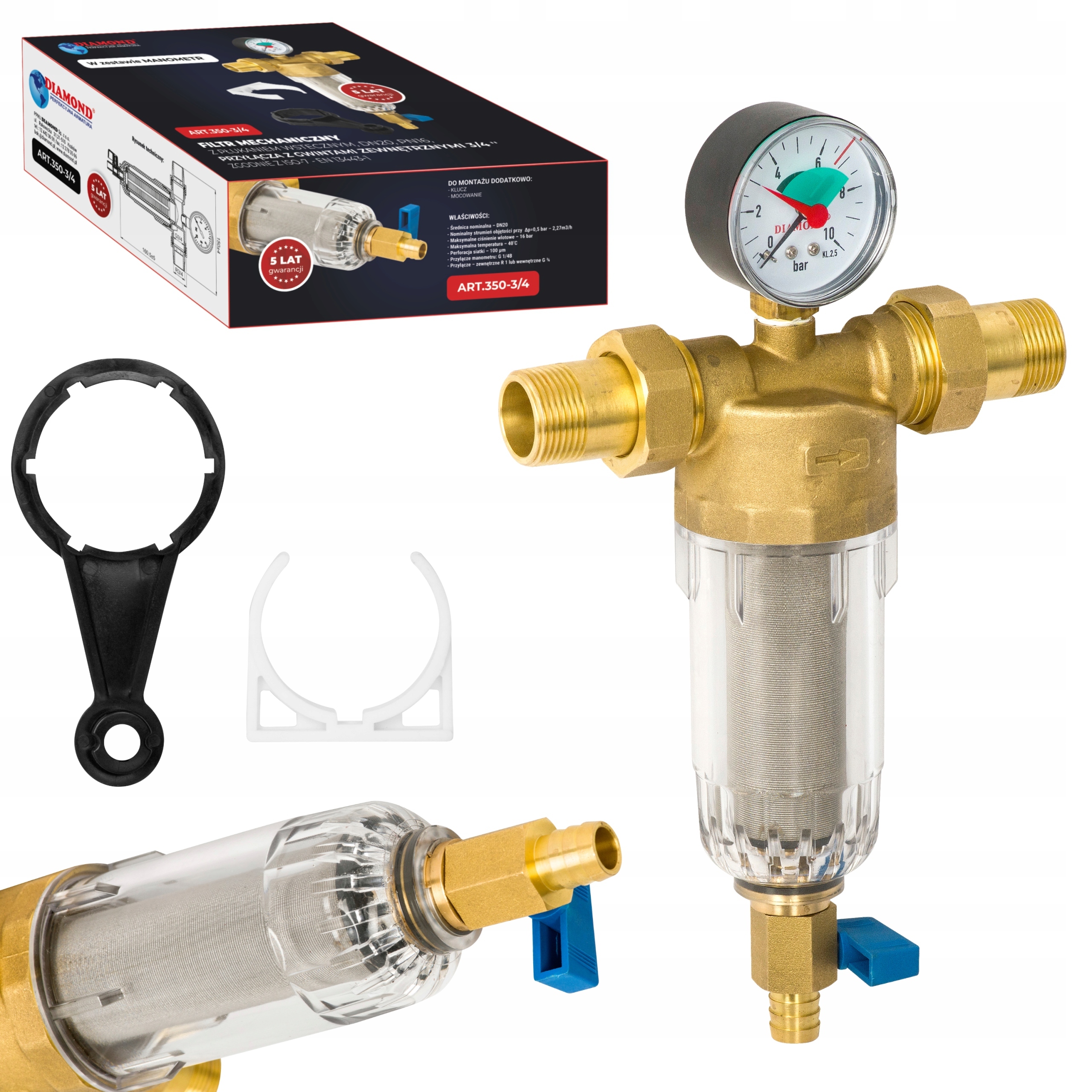 DIAMOND FILTR MECHANICZNY SAMOCZYSZCZĄCY MANOMETR 3/4" PŁUKANIE WSTECZNE