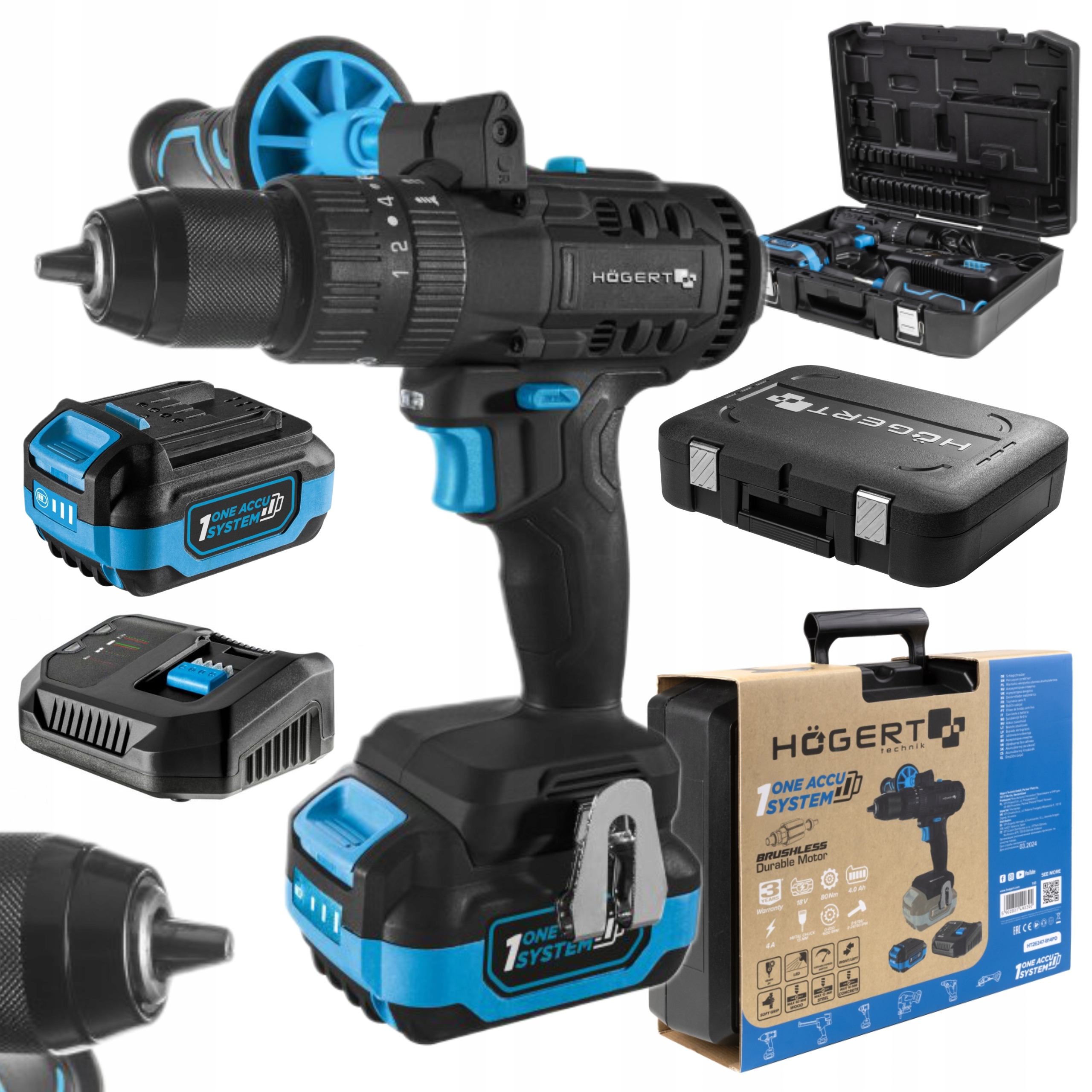 HOEGERT ZESTAW WIERTARKO WKRĘTARKA UDAROWA 80NM 4Ah AKUMULATOR 18V WALIZKA